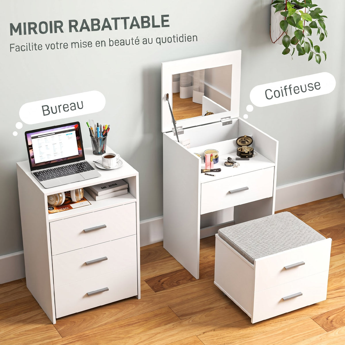 Coiffeuse avec miroir relevable et tabouret à roulettes, table de maquillage avec 2 tiroirs, coussin amovible, blanc-3