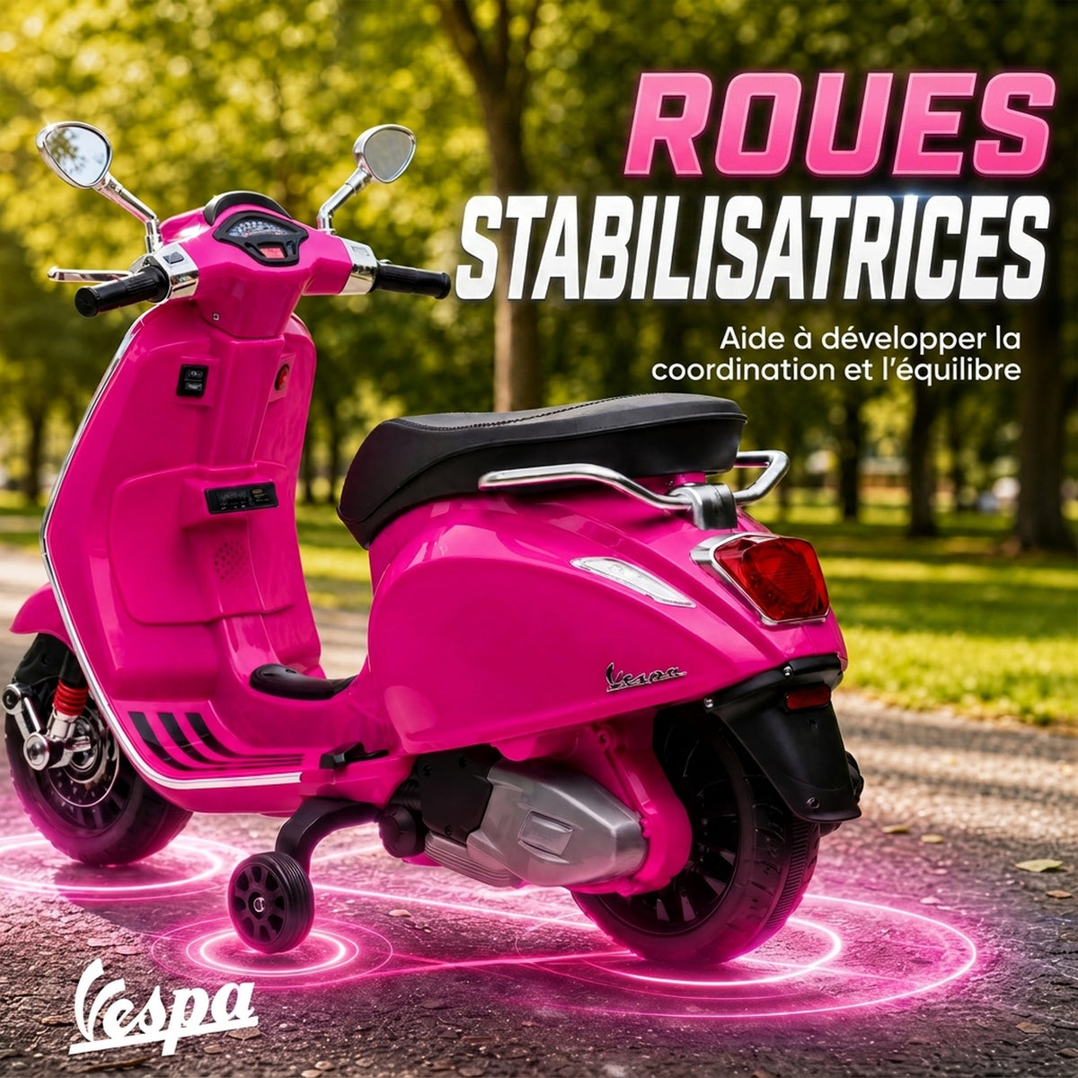 Scooter électrique enfant Vespa 6 V dim. 107L x 47l x 73H cm Musique MP3 Port USB Phare 2 roues d'entraînement - Rose-5