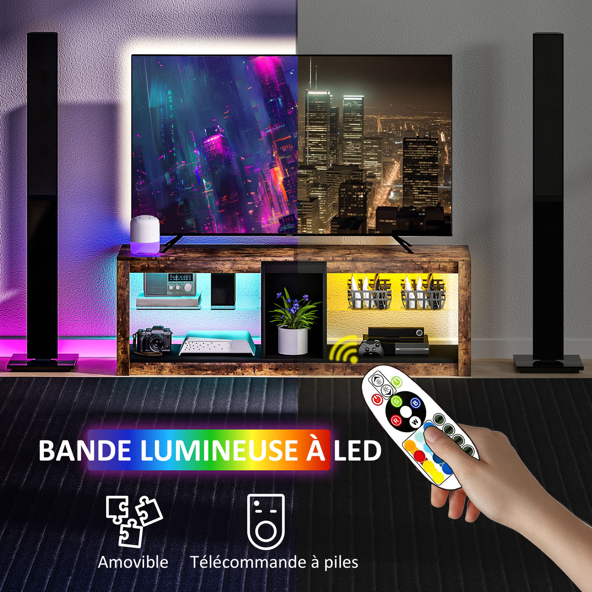 Meuble TV avec lumières LED et télécommande, étagères et compartiments ouvert, 140x35x47cm, marron-3