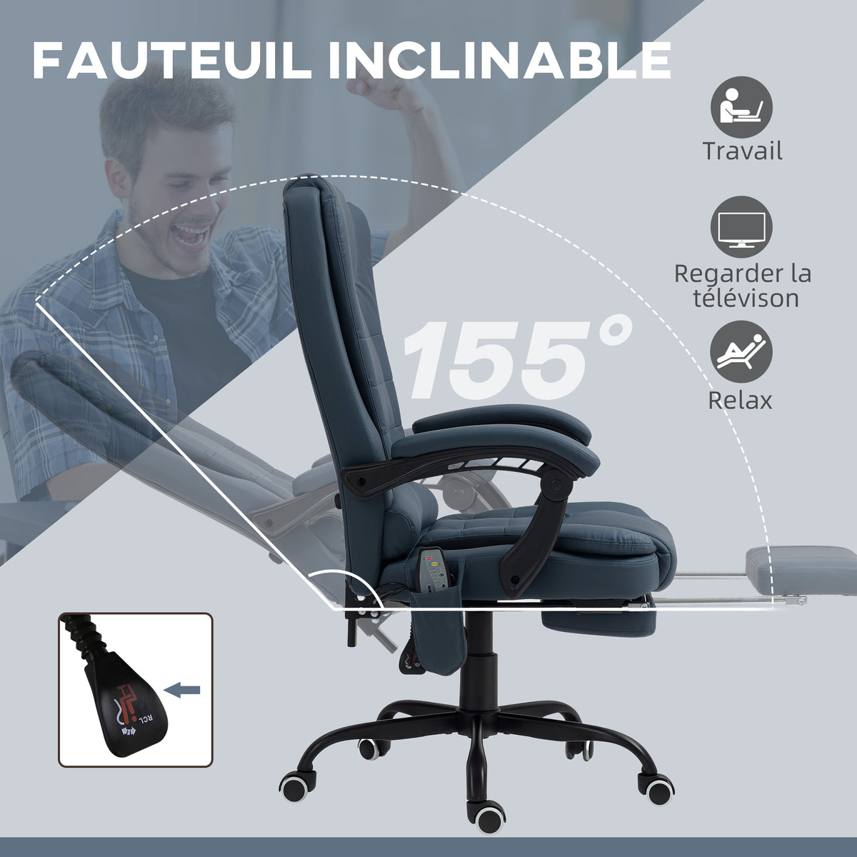 Fauteuil de bureau massant, chaise de bureau avec hauteur réglable, dossier inclinable et télécommande filaire, bleu-4