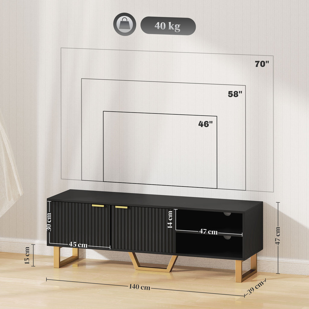 Meuble TV banc TV pour téléviseur jusqu'à 70 pouces - placard à 2 portes cannelées, compartiment ouvert et passe-câbles-2