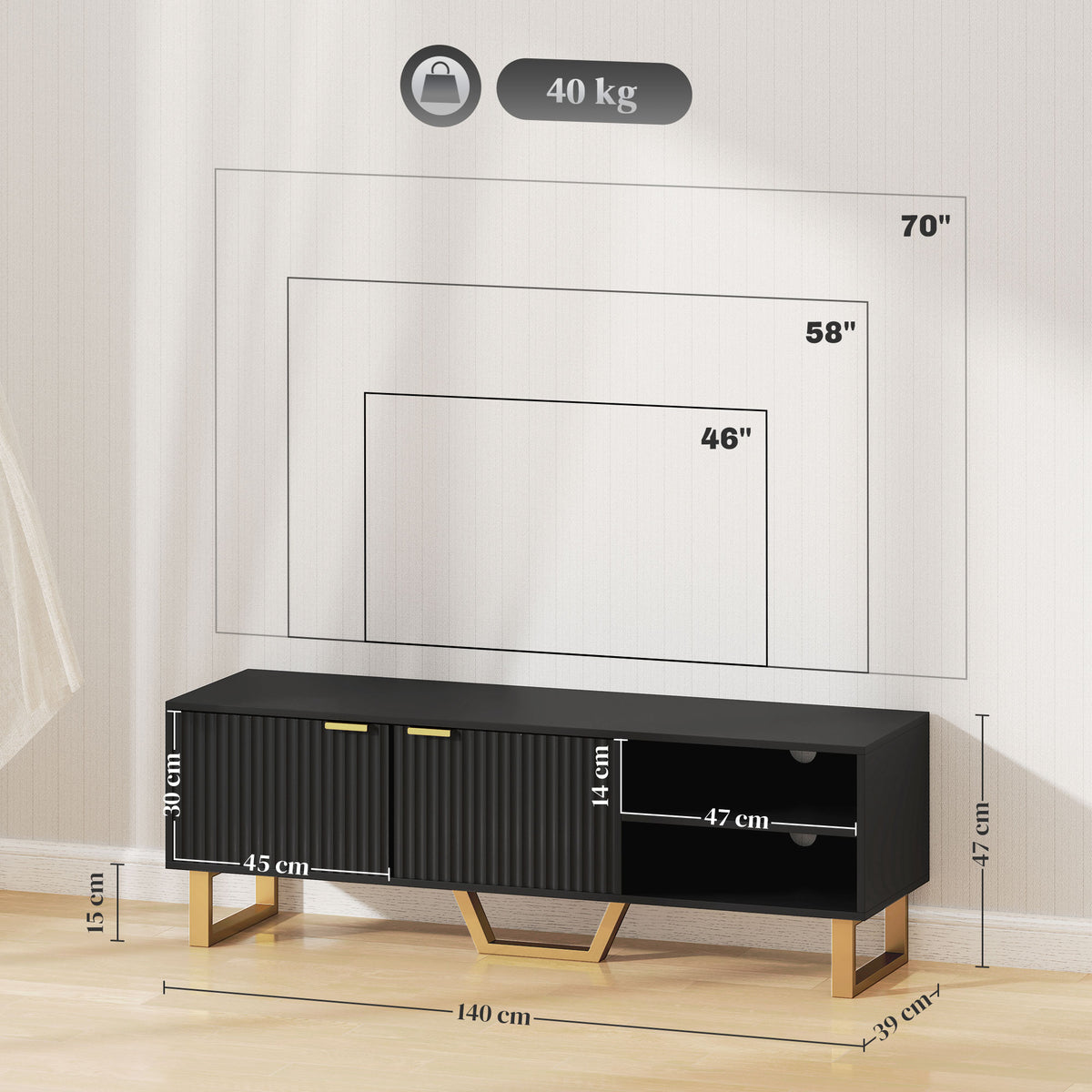Meuble TV banc TV pour téléviseur jusqu'à 70 pouces - placard à 2 portes cannelées, compartiment ouvert et passe-câbles-2