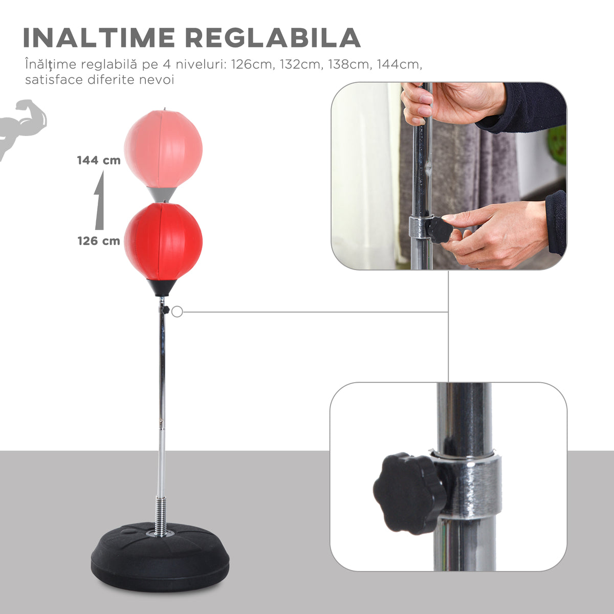 Sac de Frappe sur Pied Punching ball sur pied réglable en hauteur 126-144 cm avec gants, pompe et base de lestage pour adolescents et débutants noir-3