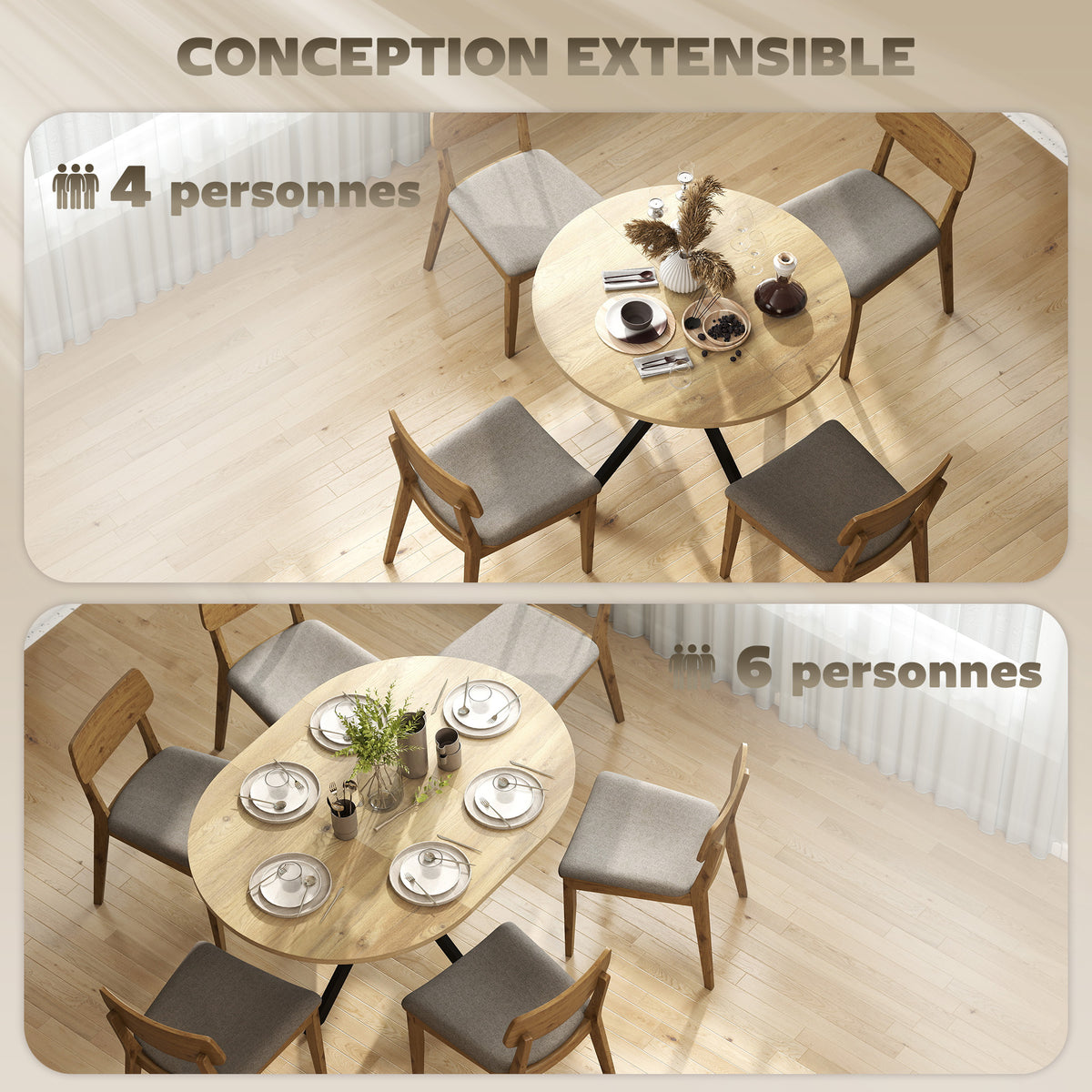 Table à manger extensible ovale pour 4 à 6 personnes, table de cuisine avec rallonge 100-135 cm, effet bois naturel-3