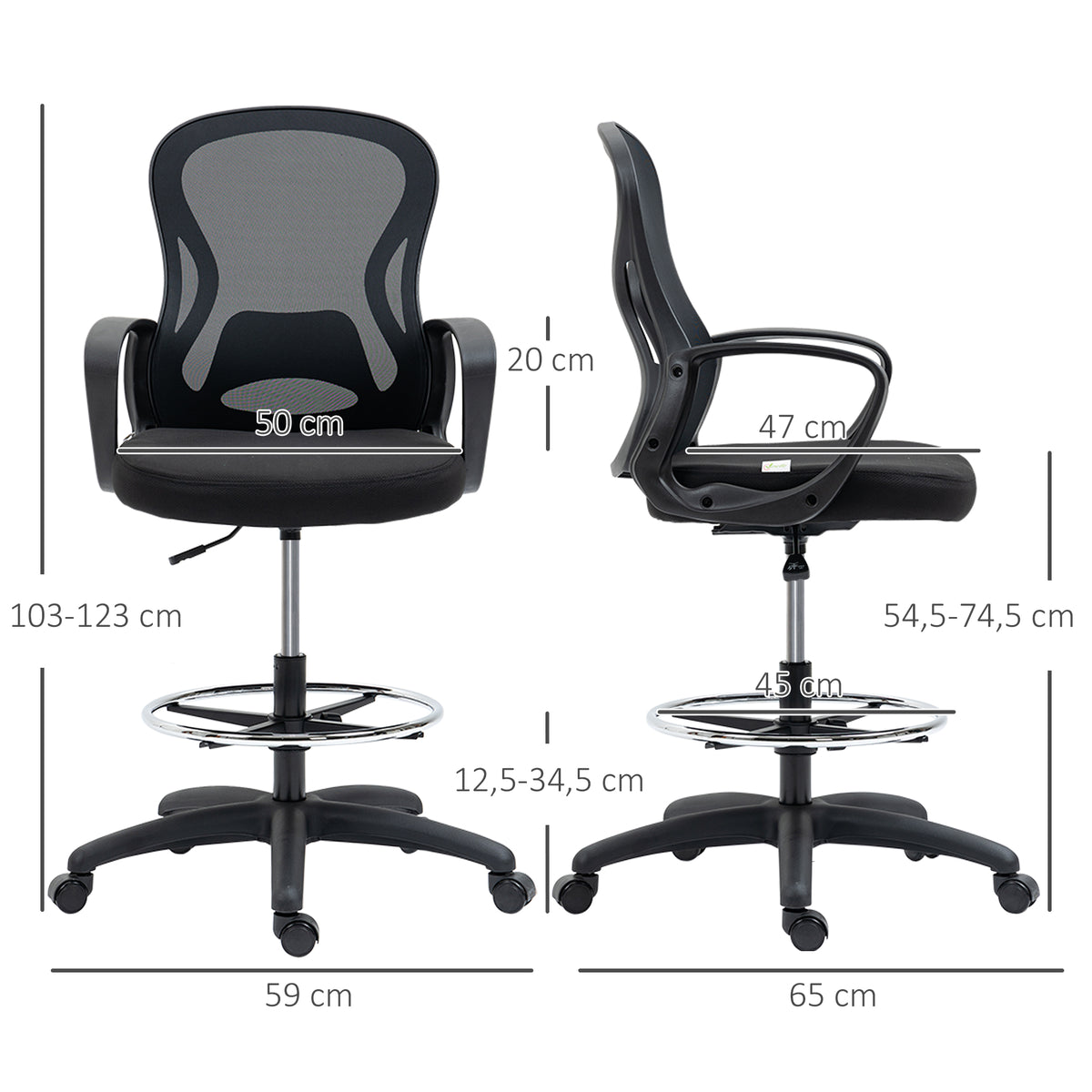 Lot de 2 fauteuils de bureau chaise de bureau assise haute réglable pivotant 360° maille respirante noir-2