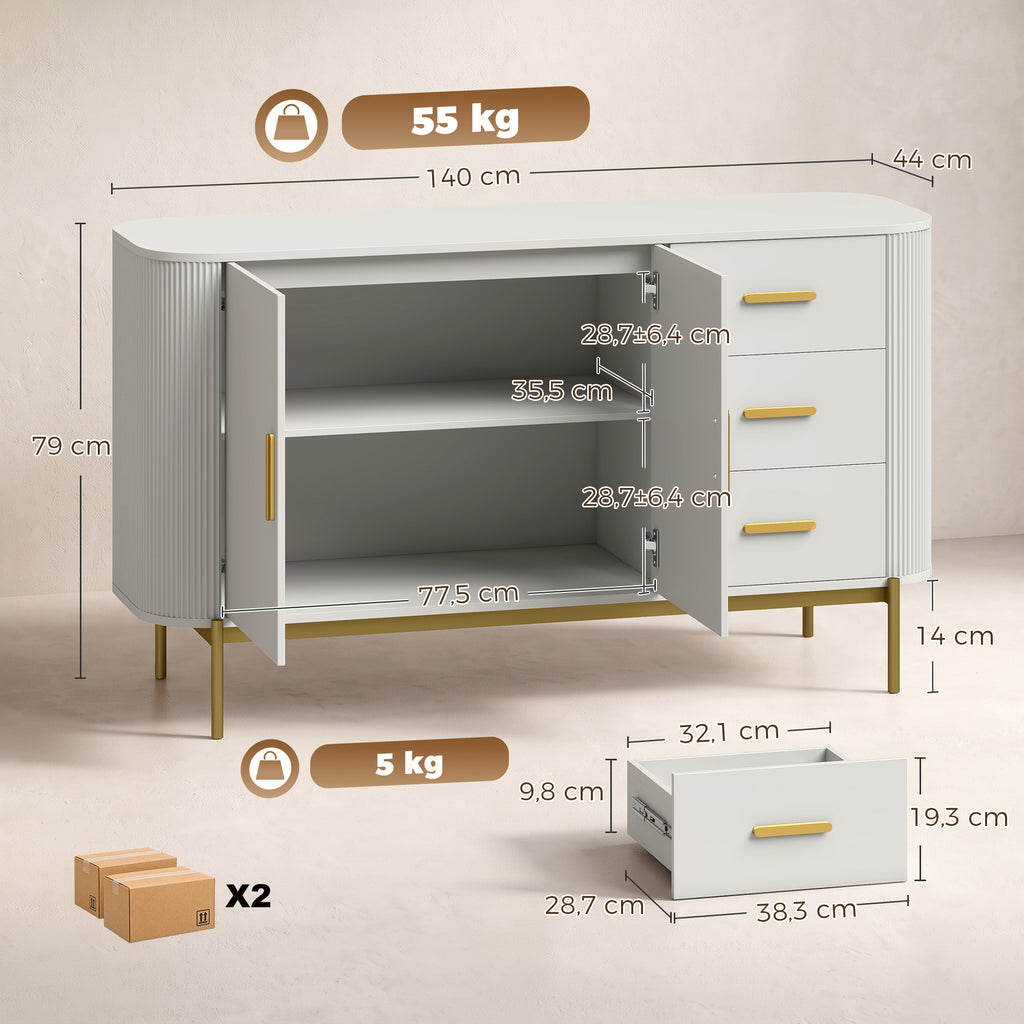 Buffet Salon, Meuble de Rangement avec 2 Portes, 3 Tiroirs, Étagère Réglable et Façade Rainurée, 140x44x79cm, Gris Clair-2