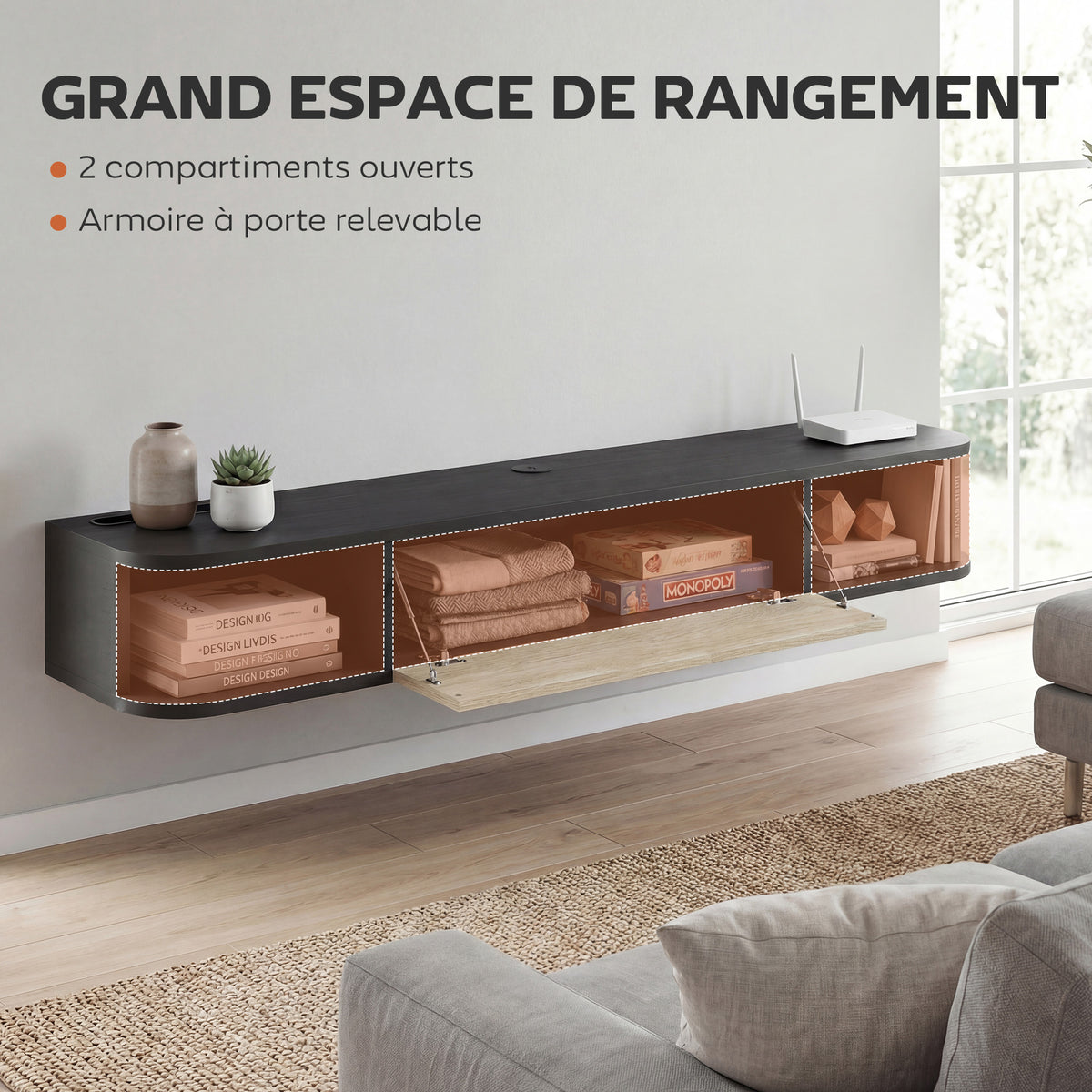 Meuble TV Suspendu 120 cm, Meuble télé jusqu'à 50 Pouces, Porte Rabattable, 2 Étagères Ouvertes et Passe-câbles, Noir-4