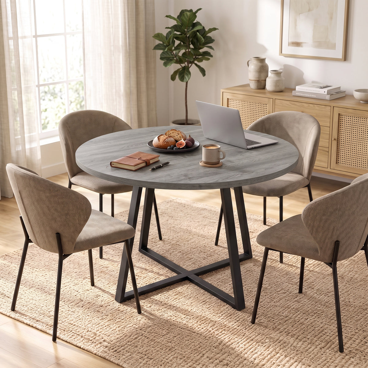 Table à Manger Ronde pour 4 Personnes Ø 100 cm, Cadre Carré en Acier Carbone, Style Industriel, Effet Bois Gris-9