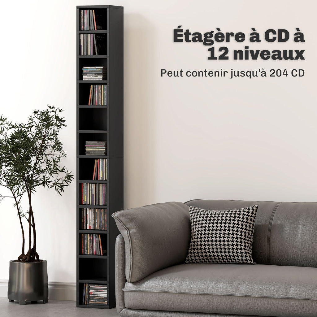 Rangements pour CD et DVD avec 12 compartiments, capacité max. 204 CD, 21 x 20 x 175 cm, noir-3