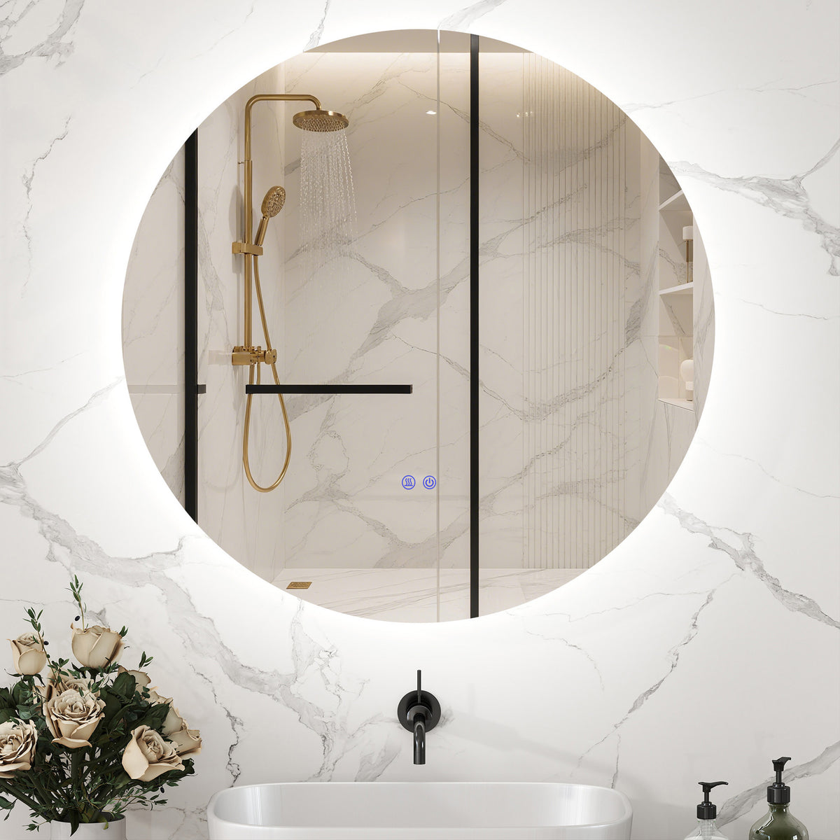 Miroir rond lumineux LED de salle de bain Ø 60 cm mural avec éclairage interrupteur tactile système antibuée  29 W gris-1