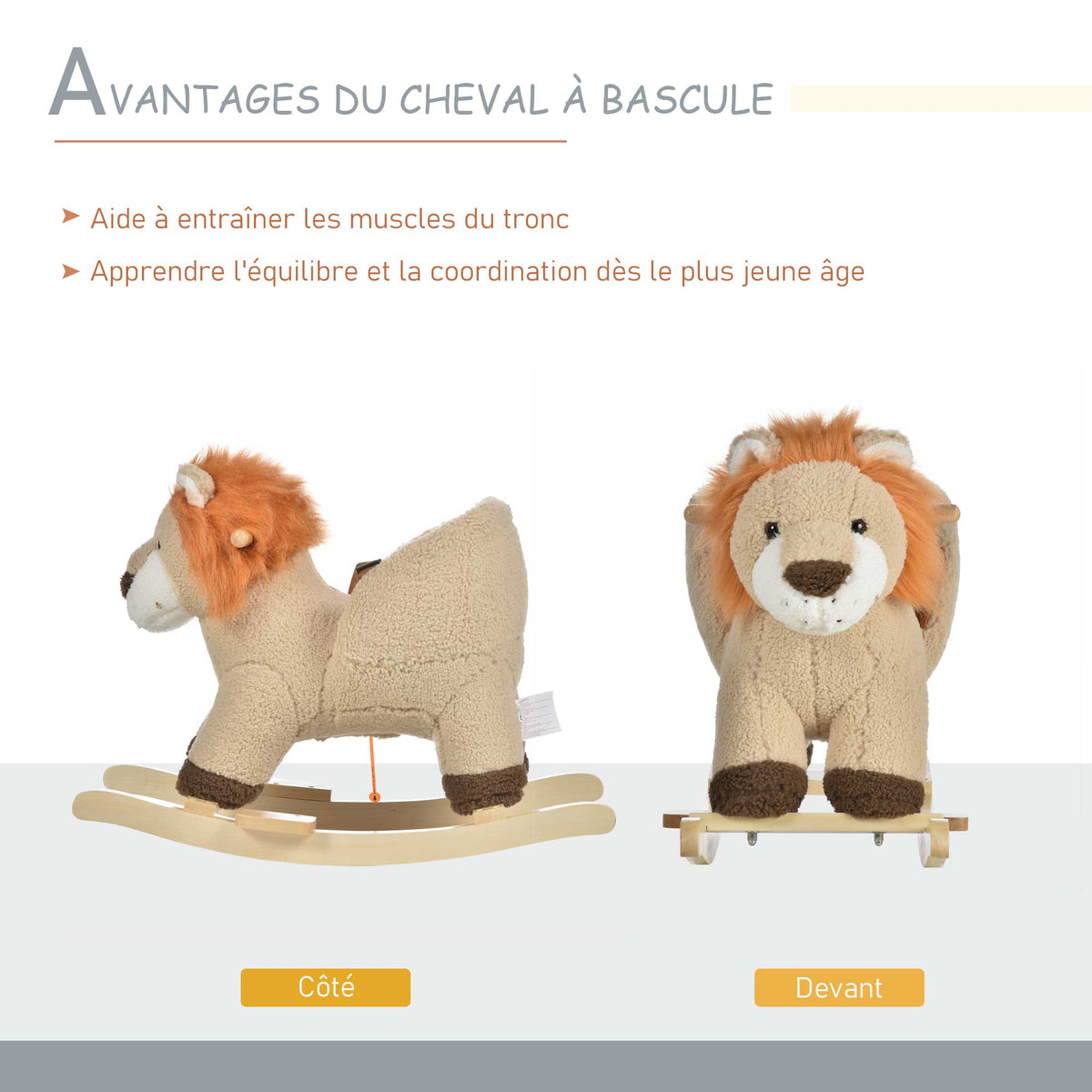 Cheval à Bascule modèle Lion Fonction Musicale Selle Grand Confort Peluche Courte Douce Pour Enfants 18-36 Mois Bois peuplier Marron dim. 68L x 35l x 50H cm-4