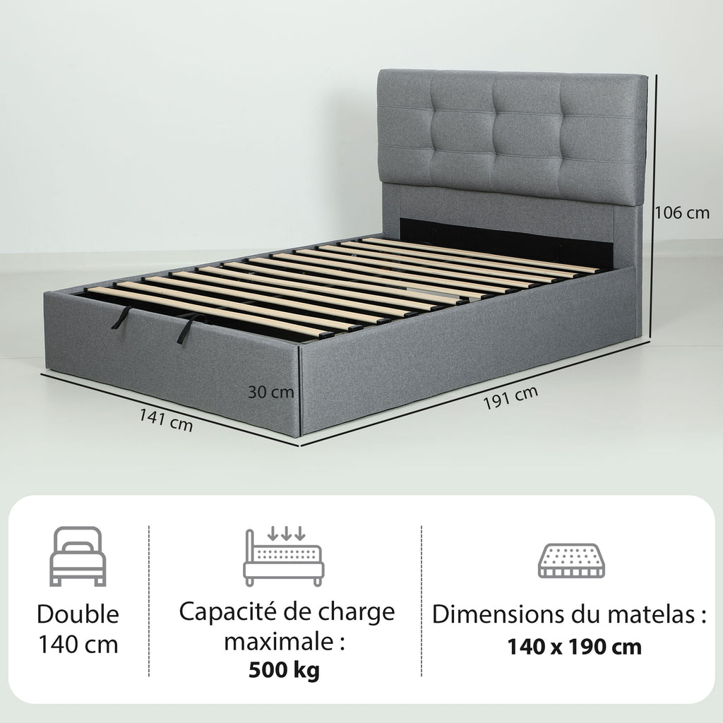 Lit coffre 140x190, cadre de lit double rembourré avec sommier à lattes en bois et rangement cach, sans matelas, gris-2