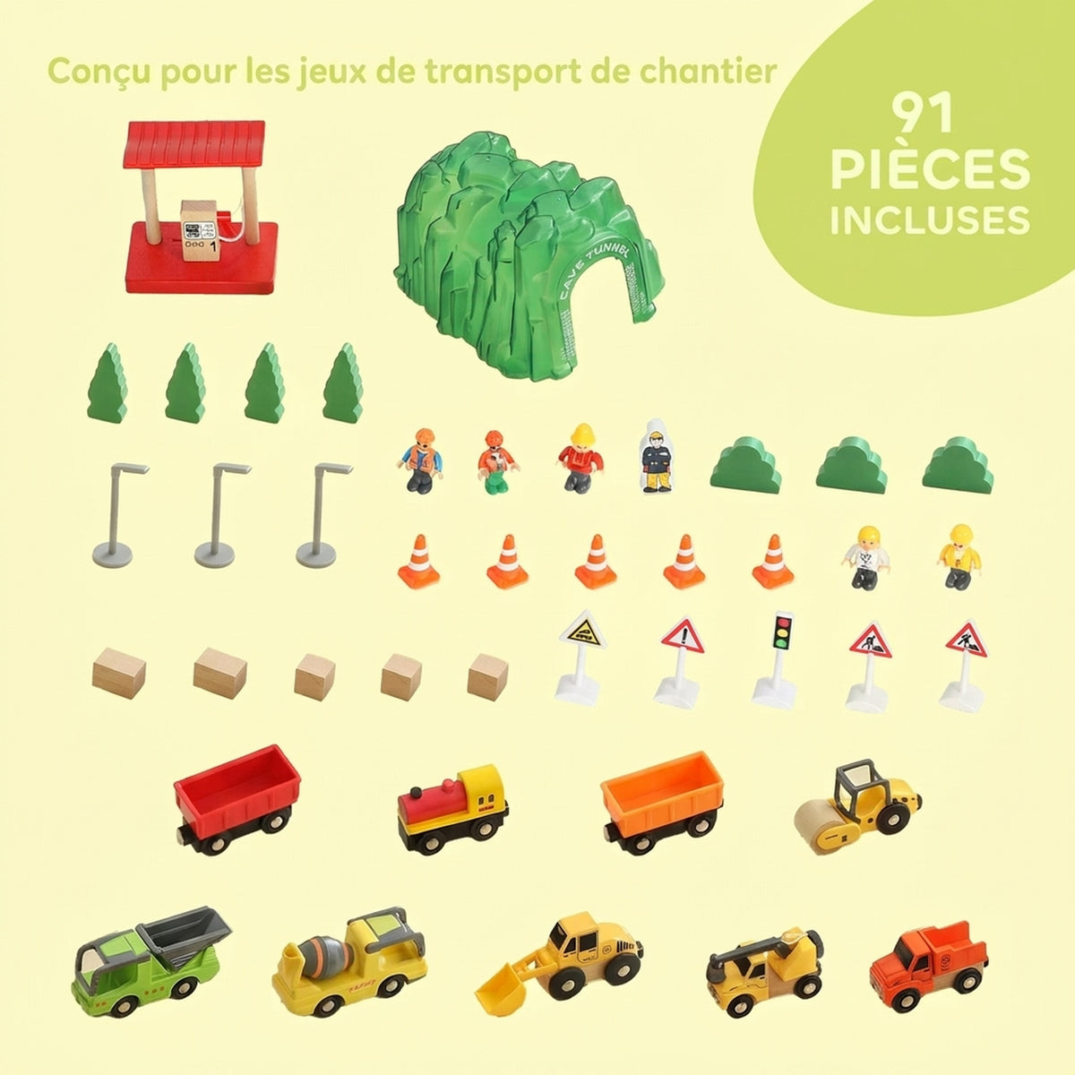 Circuit Train en Bois Enfant 91 Pièces avec Rails, Véhicules de Chantier, Pont, Sonores, 86,1x76,1x25cm, Multicolore-3