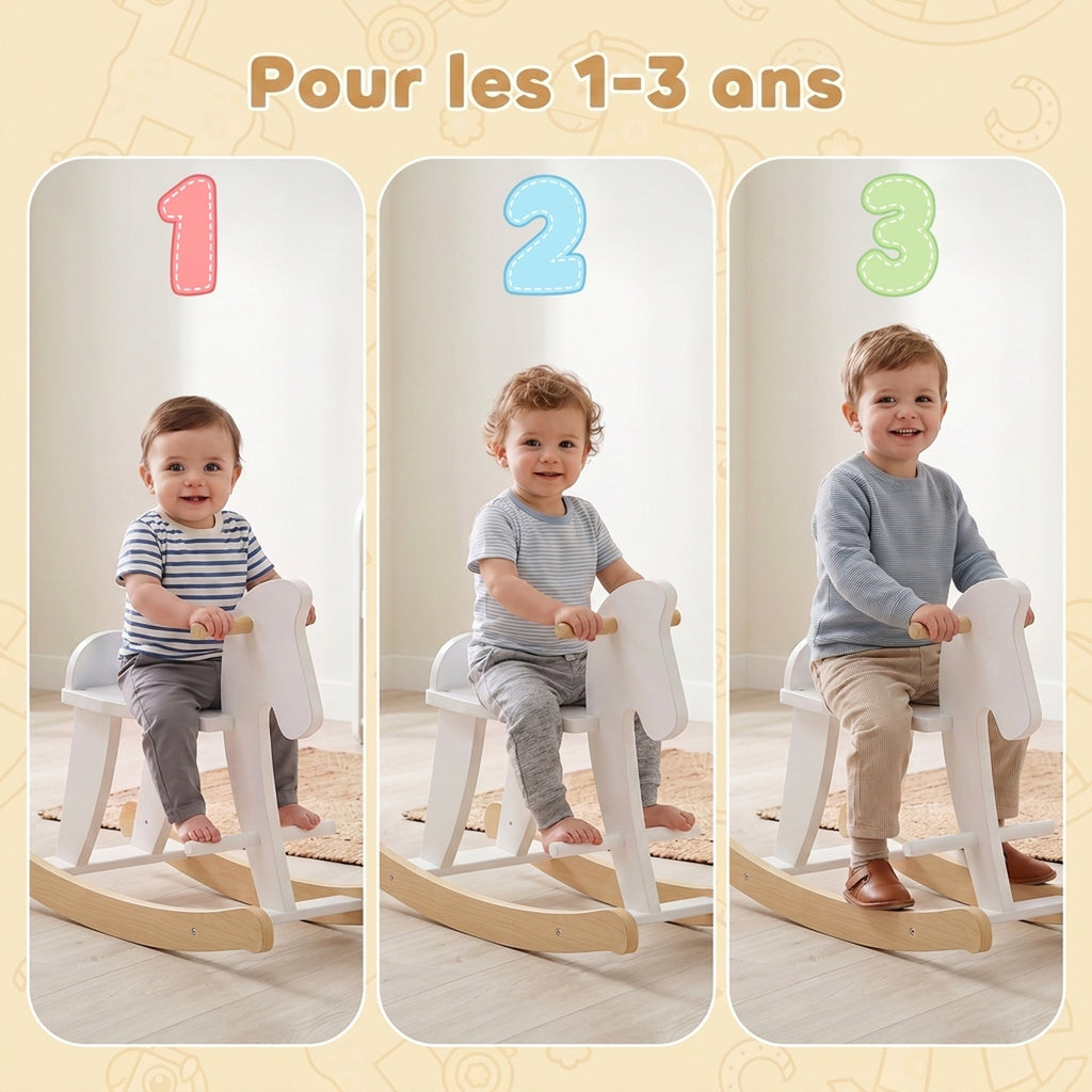 Cheval à Bascule en Bois - Jeu à Bascule Avec Poignées, Repose-Pied et Butées - MDF Contreplaqué Blanc et Bois Naturel-4