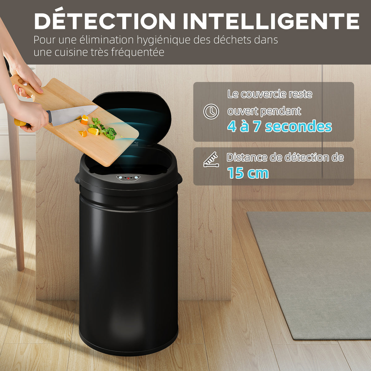 Poubelle cuisine automatique 30L acier inoxydable, poubelle à couvercle à fermeture en douceur, 32x30,5x51cm, noir-3