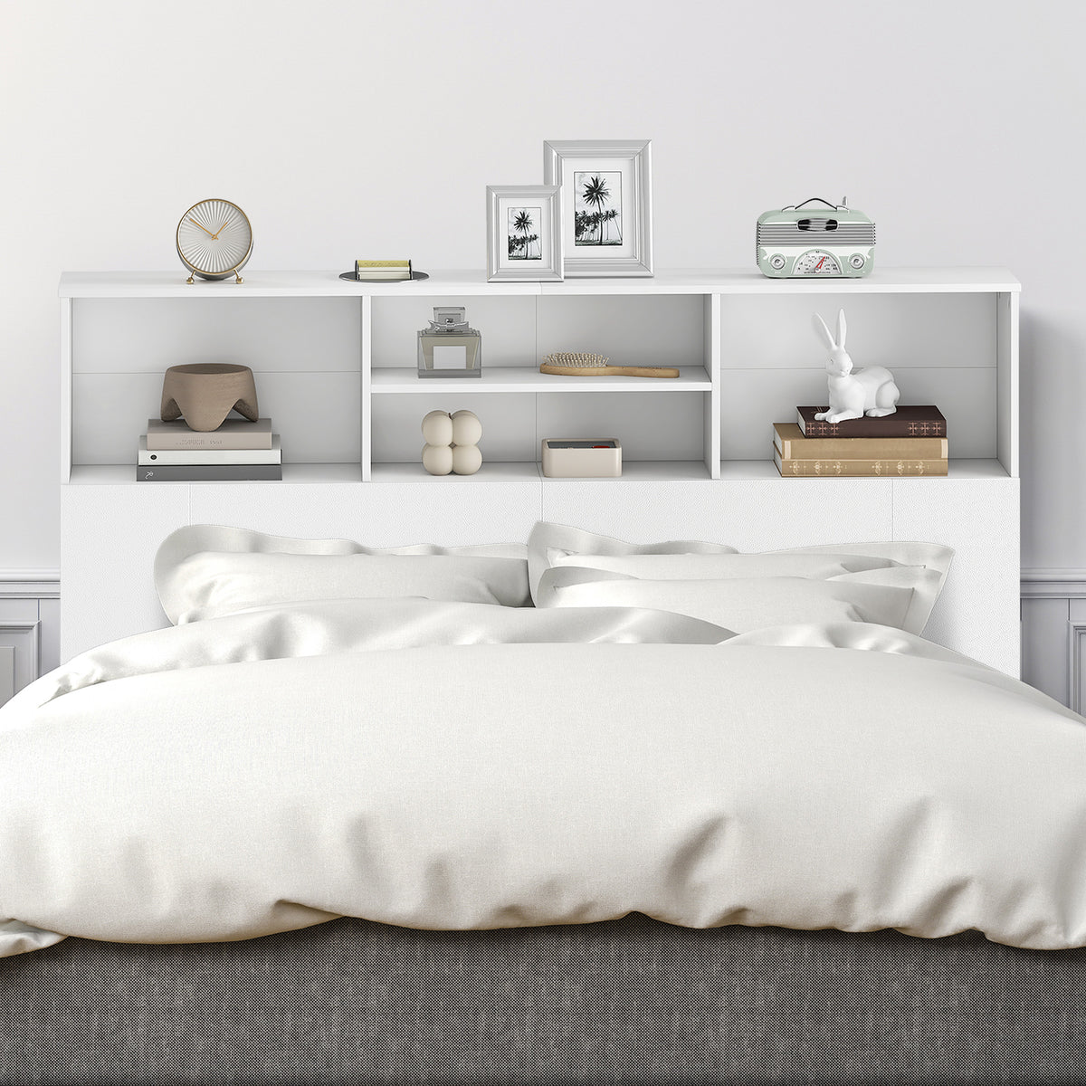 Tête de lit sur pied avec rangements, accessoire de lit 4 compartiments ouverts, 140 x 19 x 103,5 cm, blanc-5