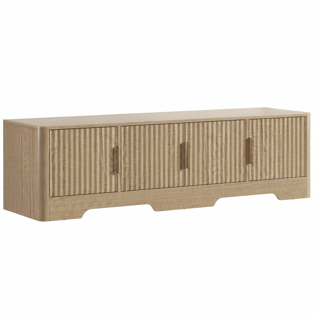 Meuble TV 140 cm, Meuble Télé pour Téléviseur jusqu'à 60 Pouces, 4 Portes Cannelées et Étagères Réglables, Chêne-0