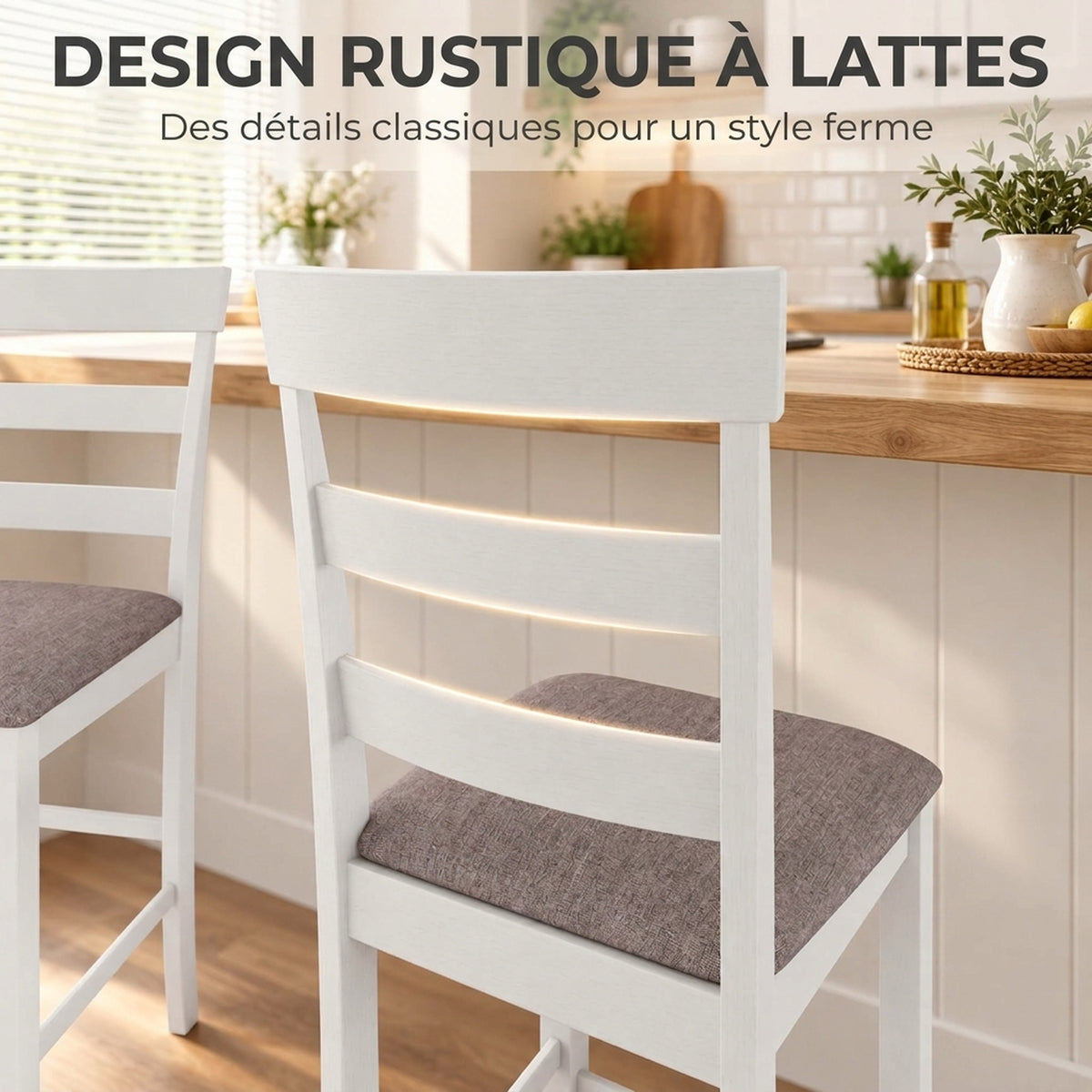 Lot de 2 Tabourets de Bar, Chaises de Bar en Bois Massif avec Assise Rembourrée en Lin et Dossier, Blanc et Marron-3