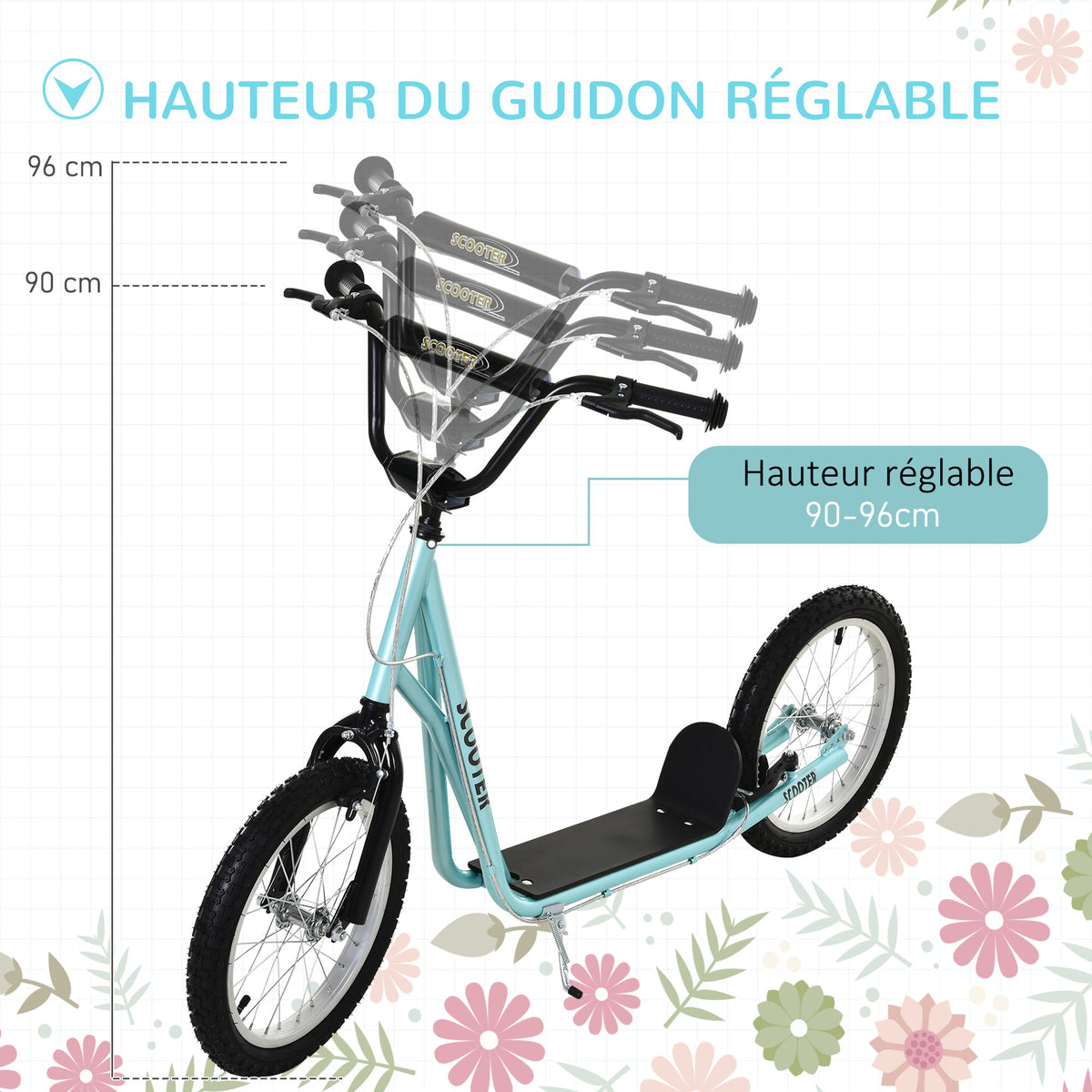 Trottinette patinette pour Enfants à partir de 5 Ans Grands pneus en Caoutchouc Guidon réglable poignée Frein et béquille Acier Charge max. 100 Kg Bleu-3