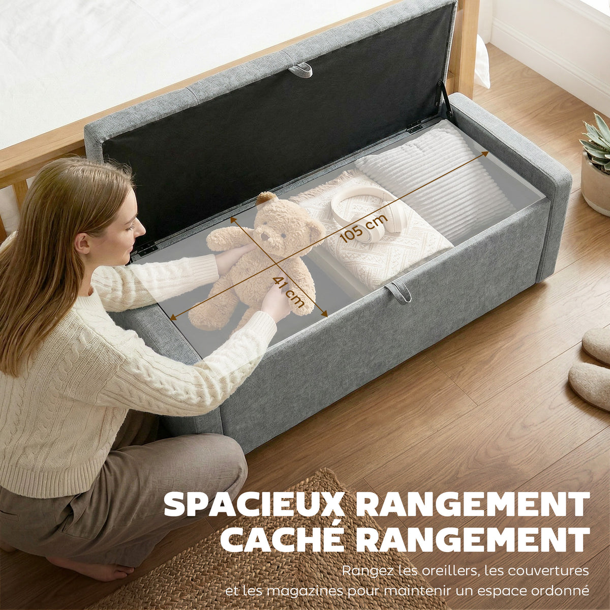 Banc de rangement, bout de lit, repose-pieds rembourré en lin avec assise large, 122 x 48 x 44 cm, gris clair-3