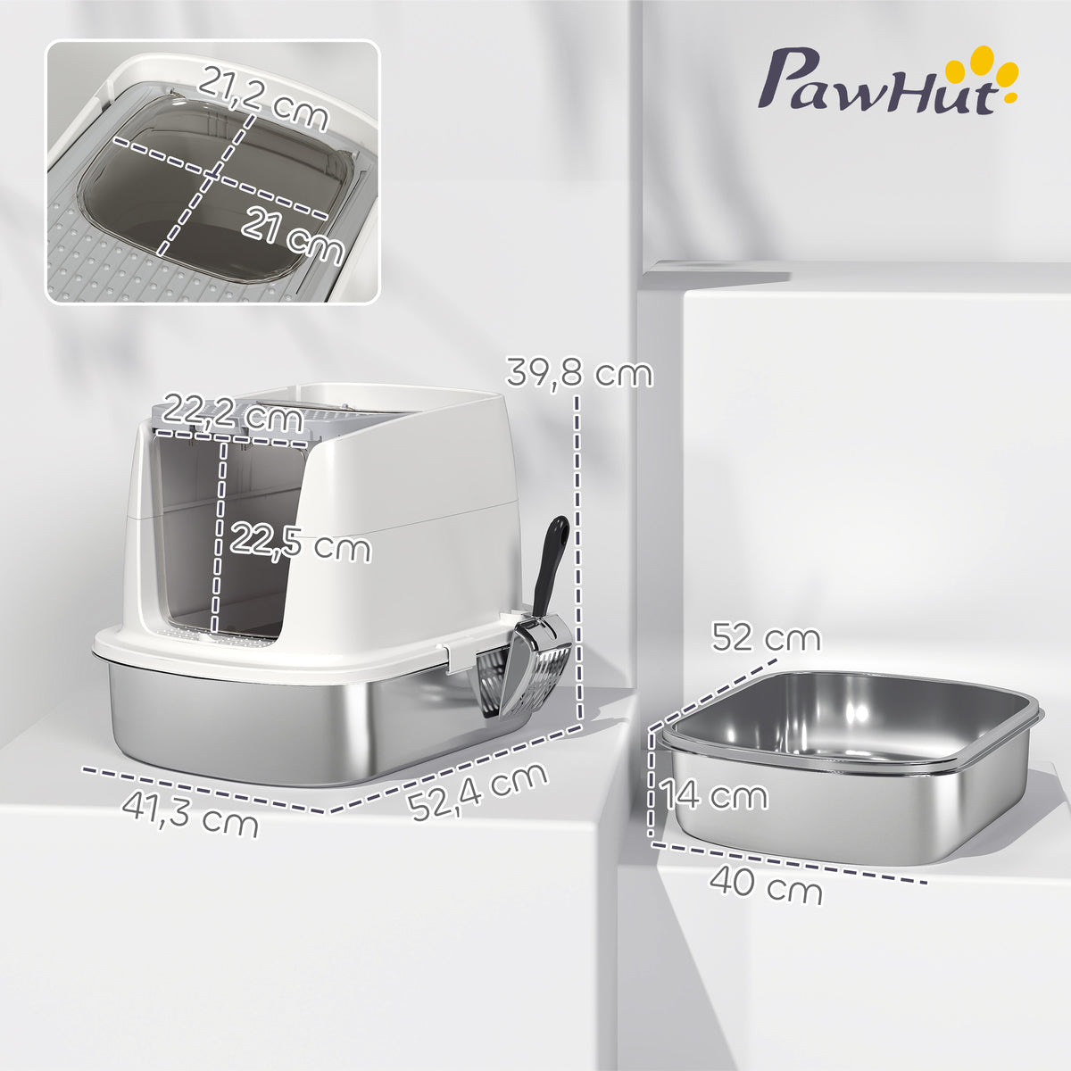 Bac à Litière Fermé en Inox, Couvercle Amovible, Entrée Frontale et Sortie Supérieure, Pelle, 52,4x41,3x39,8cm, Blanc-2