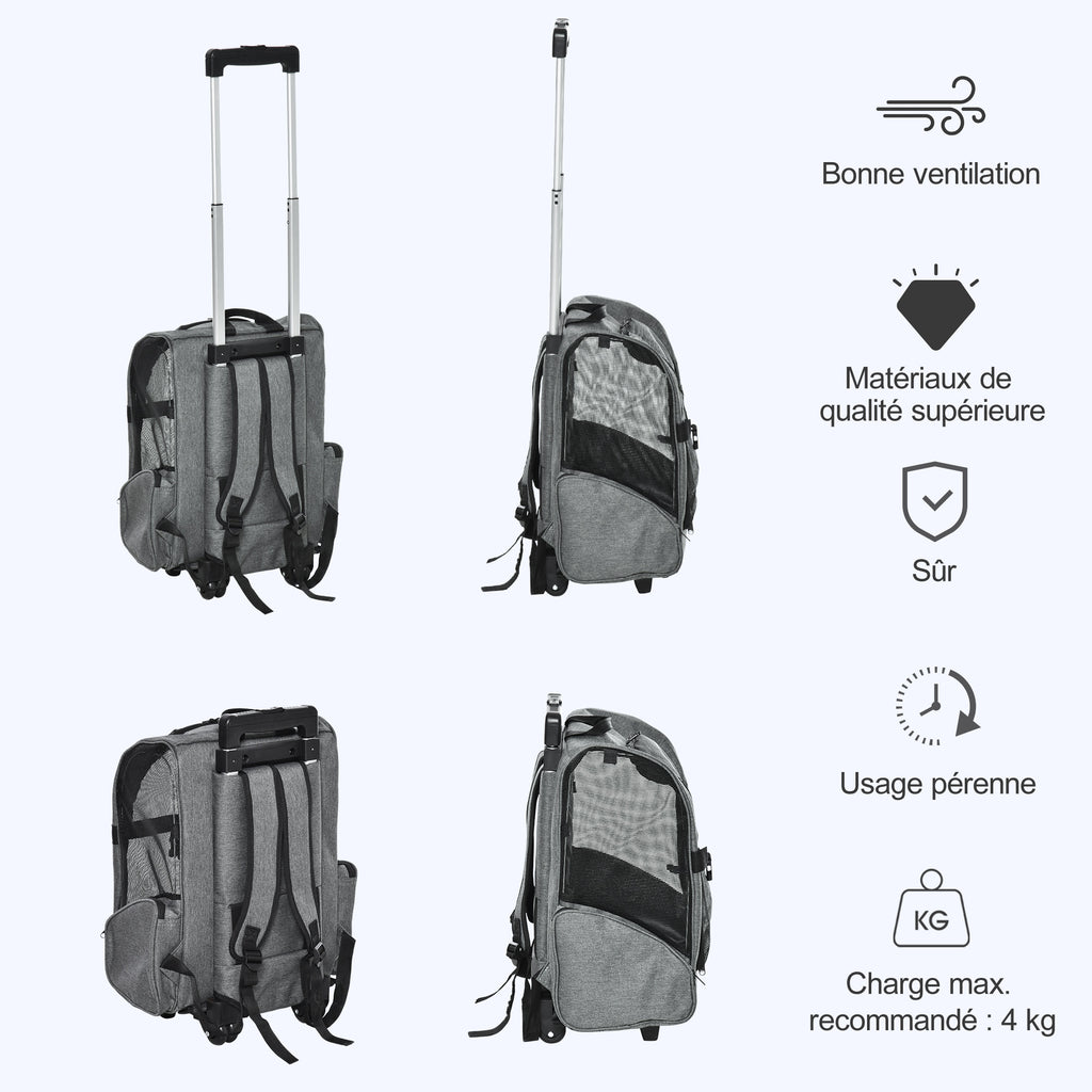 Sac de transport à roulettes pour chien 2 en 1 trolley chariot sac à dos pour chien chat avec poignée téléscopique, sacs de rangement, aérations, attache de sécurité, 42 x 25 x 55 cm, gris-6