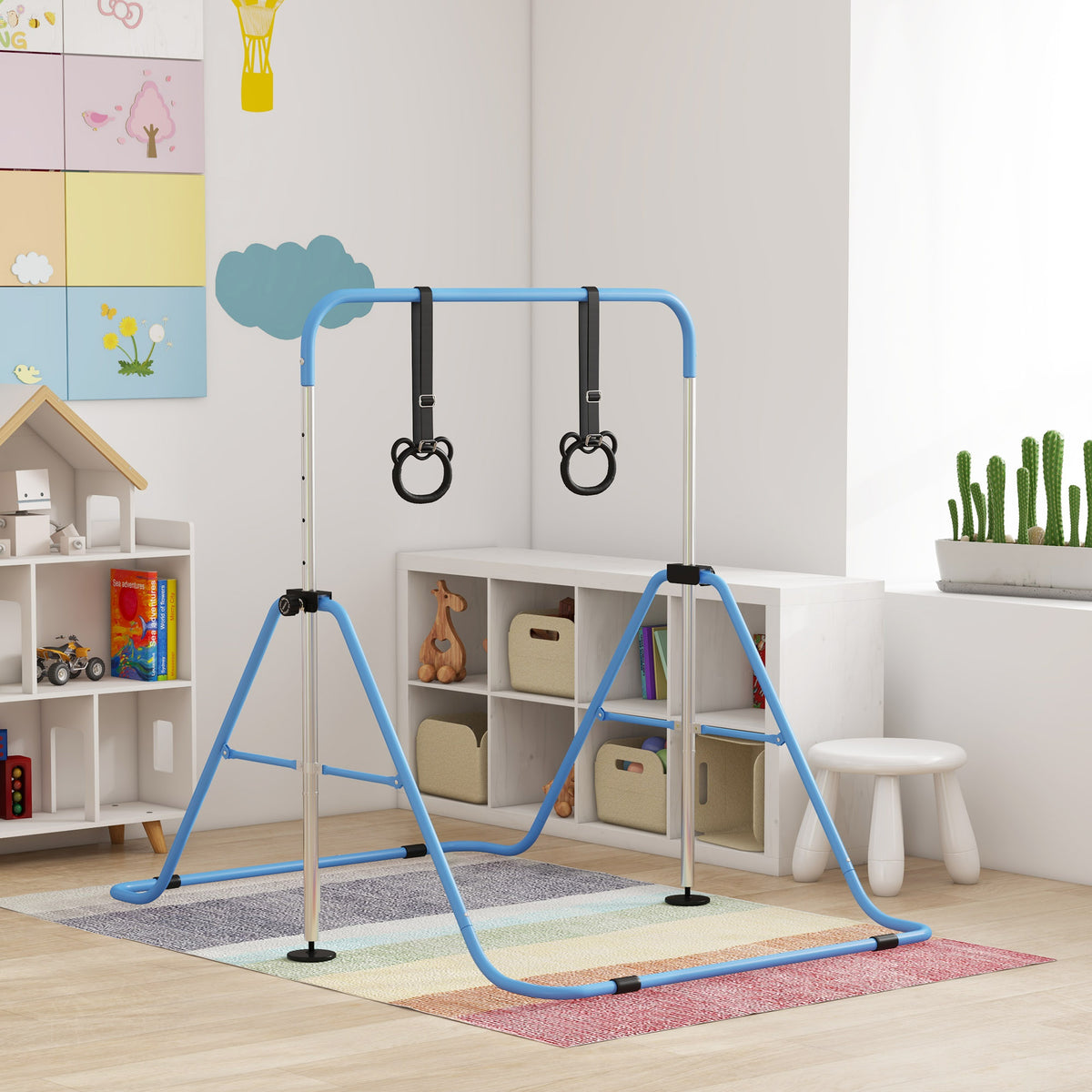 Barre de gymnastique pour enfants, barre horizontale pliable à hauteur réglable avec anneaux de gymnastique, bleu-9
