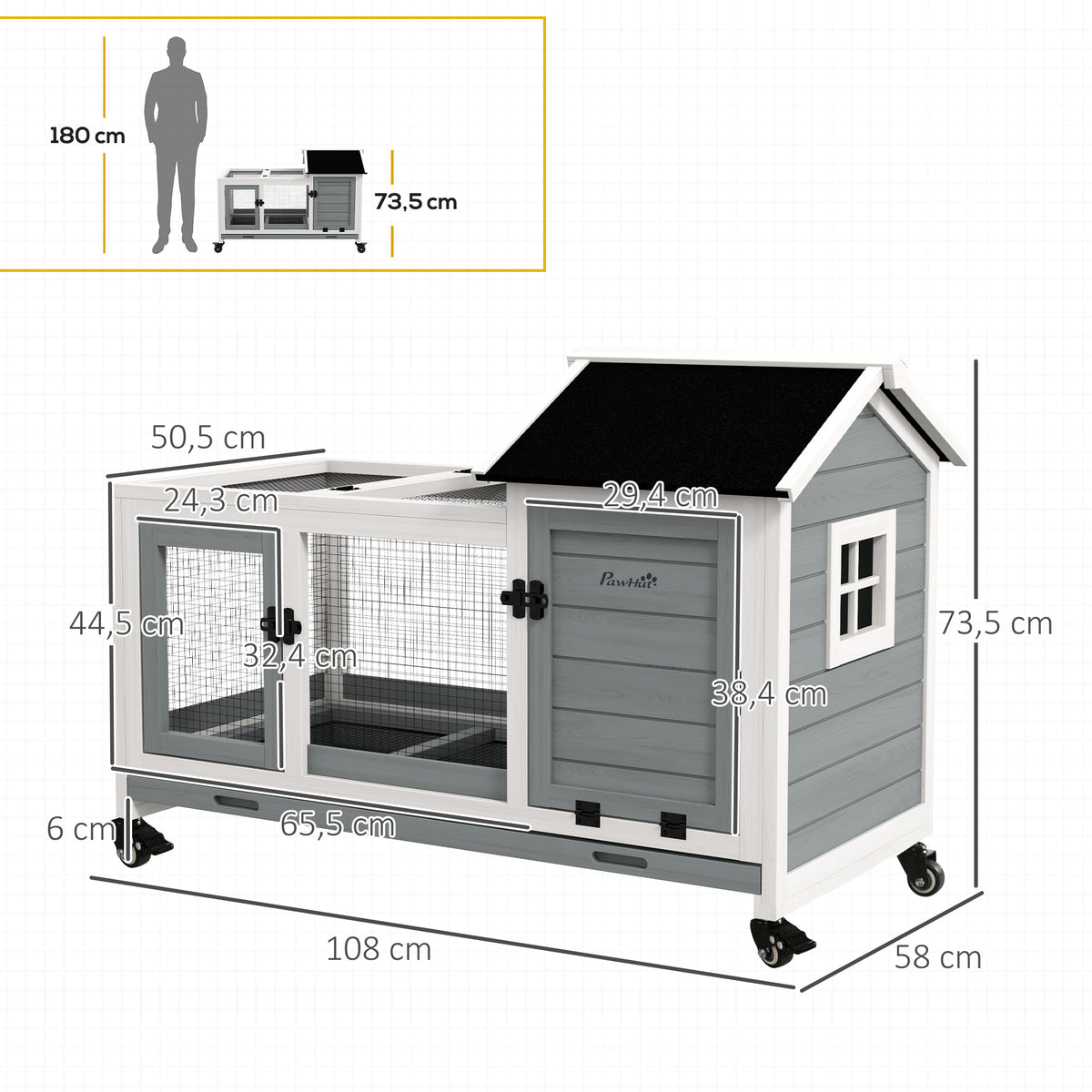 Clapier cage à lapins rongeurs sur roulettes 2 portes verrouillables - dim. 108L x 58l x 73,5H cm - bois massif-2