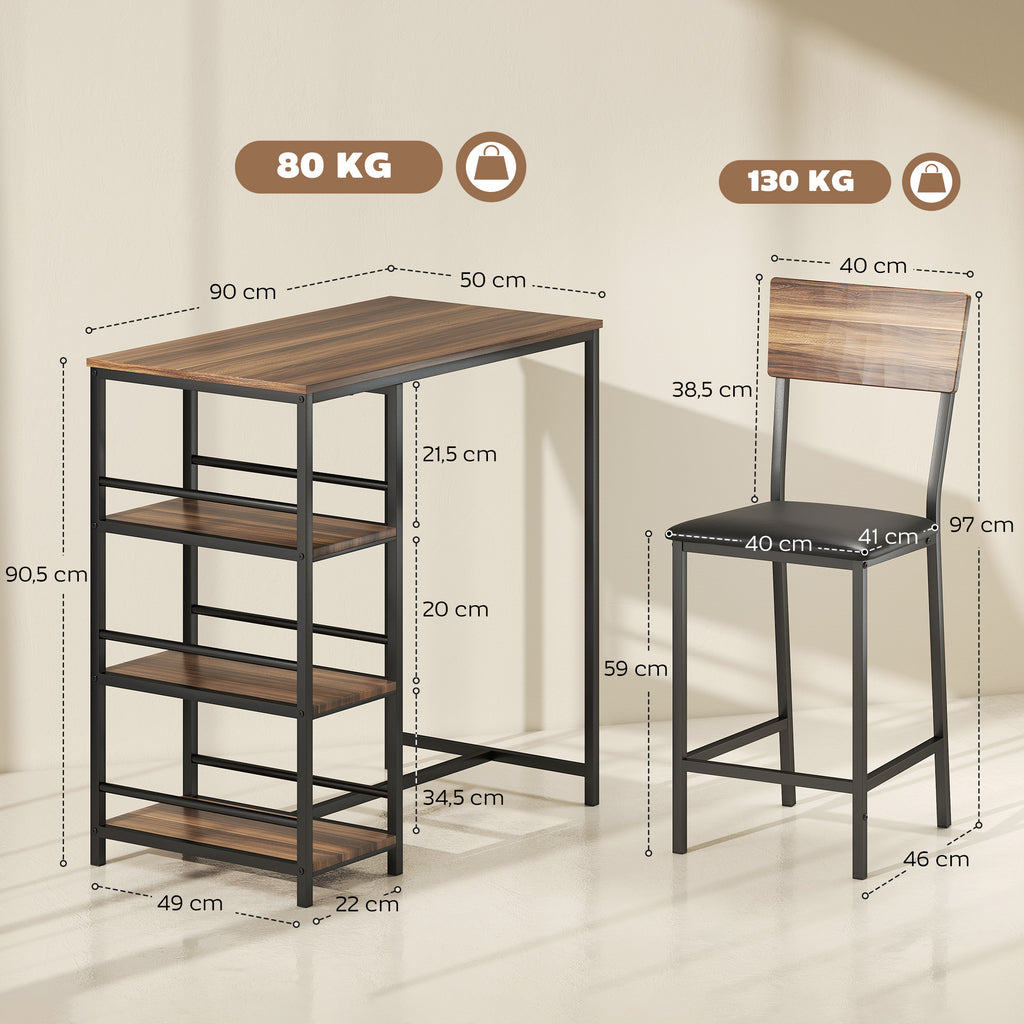 Ensemble Table de Bar avec 2 Tabourets, Table Haute de Cuisine et 2 Chaises de Bar Rembourrées PU, Noyer-2
