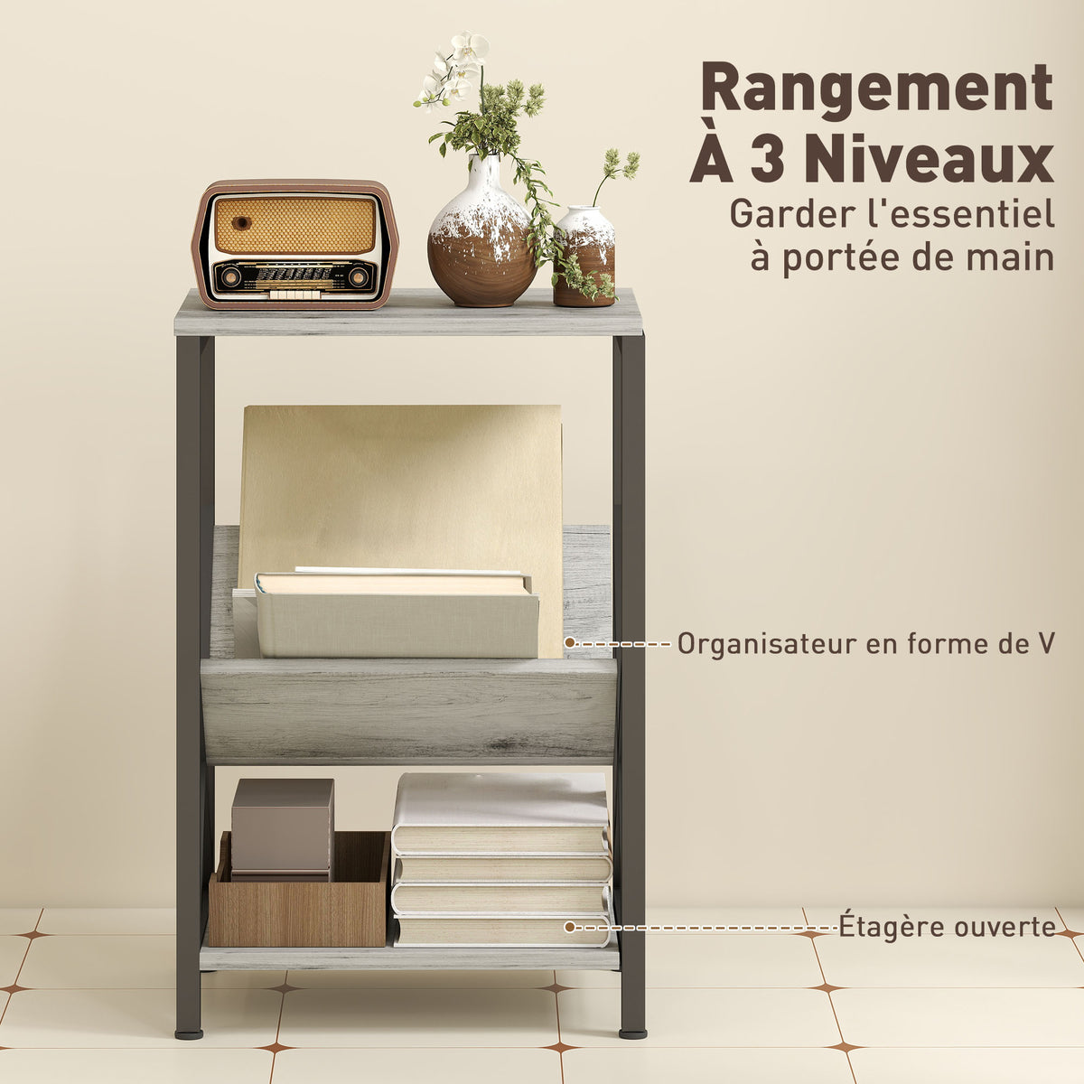Table d'appoint étroite, bout de canapé rangement à 3 niveaux, porte-revues en V, cadre en acier, 40x30x61cm, gris foncé-4