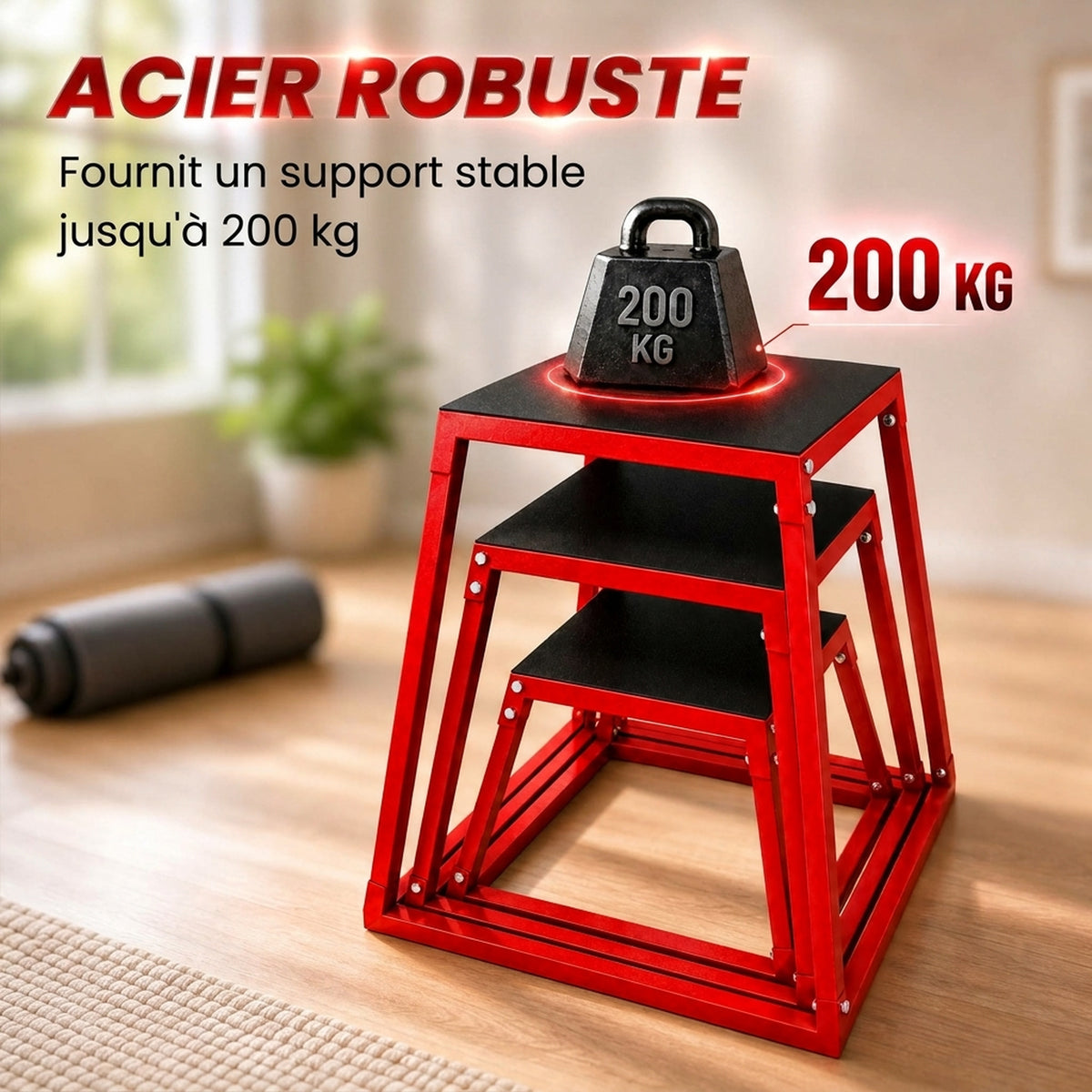 Boîte Entraînement Pliométrique Trapézoïdale en Acier, 3 Plateformes de Saut Antidérapantes 30,5/45,8/61 cm, Rouge-6