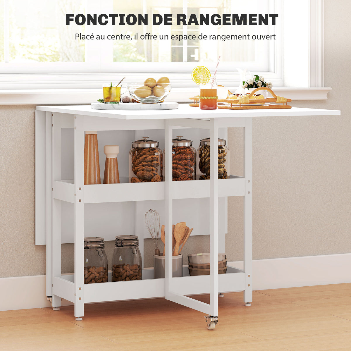 Table à manger pliante sur roulettes 4 personnes avec compartiments ouverts, pour petits espaces, salle à manger, blanc-4