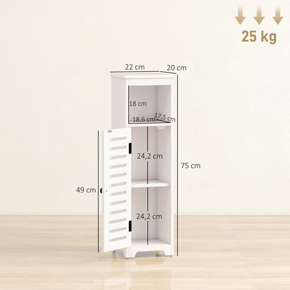 Meuble salle de bain, armoire salle de bain 4 niveaux  porte persienne, étagère ouvert, 22x20x75cm, blanc-2