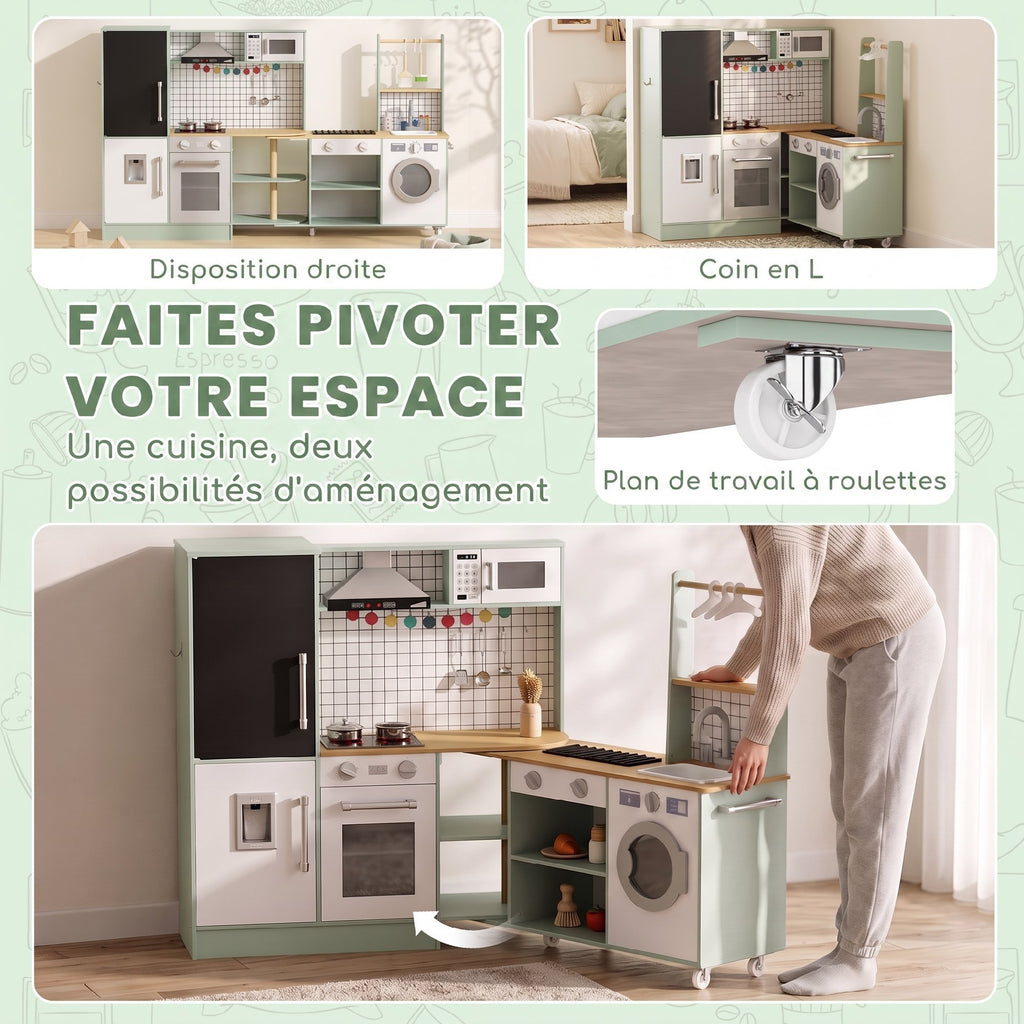 Cuisine Enfant Jouet d'Imitation, Micro-Ondes, Four, Plateau Rotatif sur Roulettes, 160x32x97,5cm, Vert Clair-4