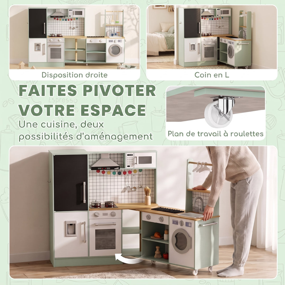 Cuisine Enfant Jouet d'Imitation, Micro-Ondes, Four, Plateau Rotatif sur Roulettes, 160x32x97,5cm, Vert Clair-4