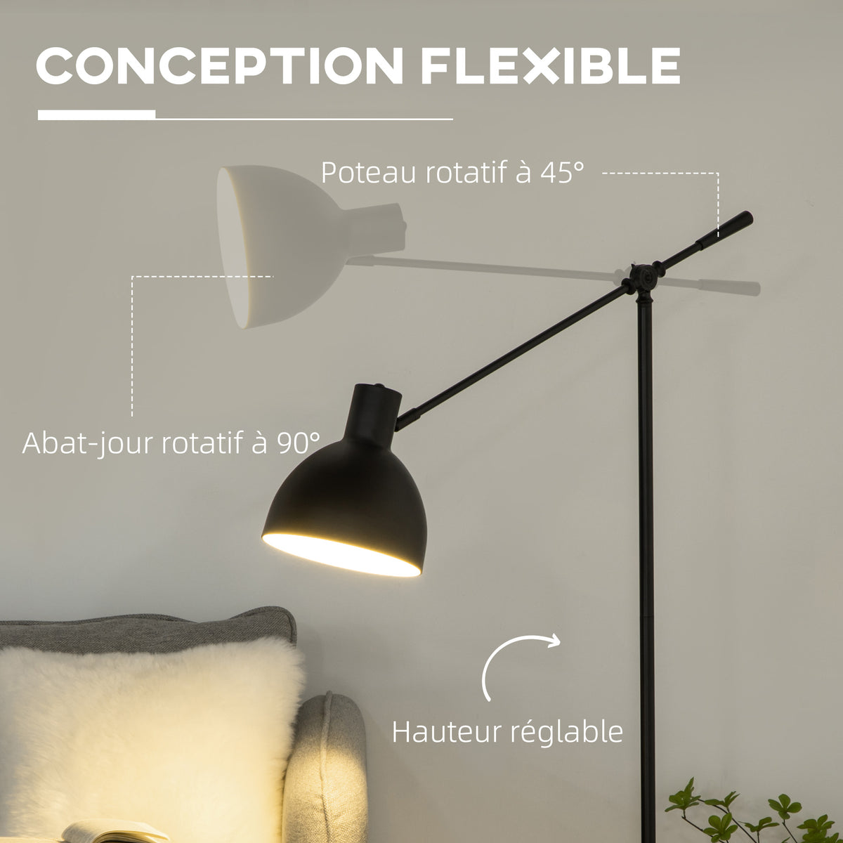Lampadaire sur pied salon 40 W hauteur réglable, abat-jour et bras orientable, interrupteur à pied, culot E27, noir-3