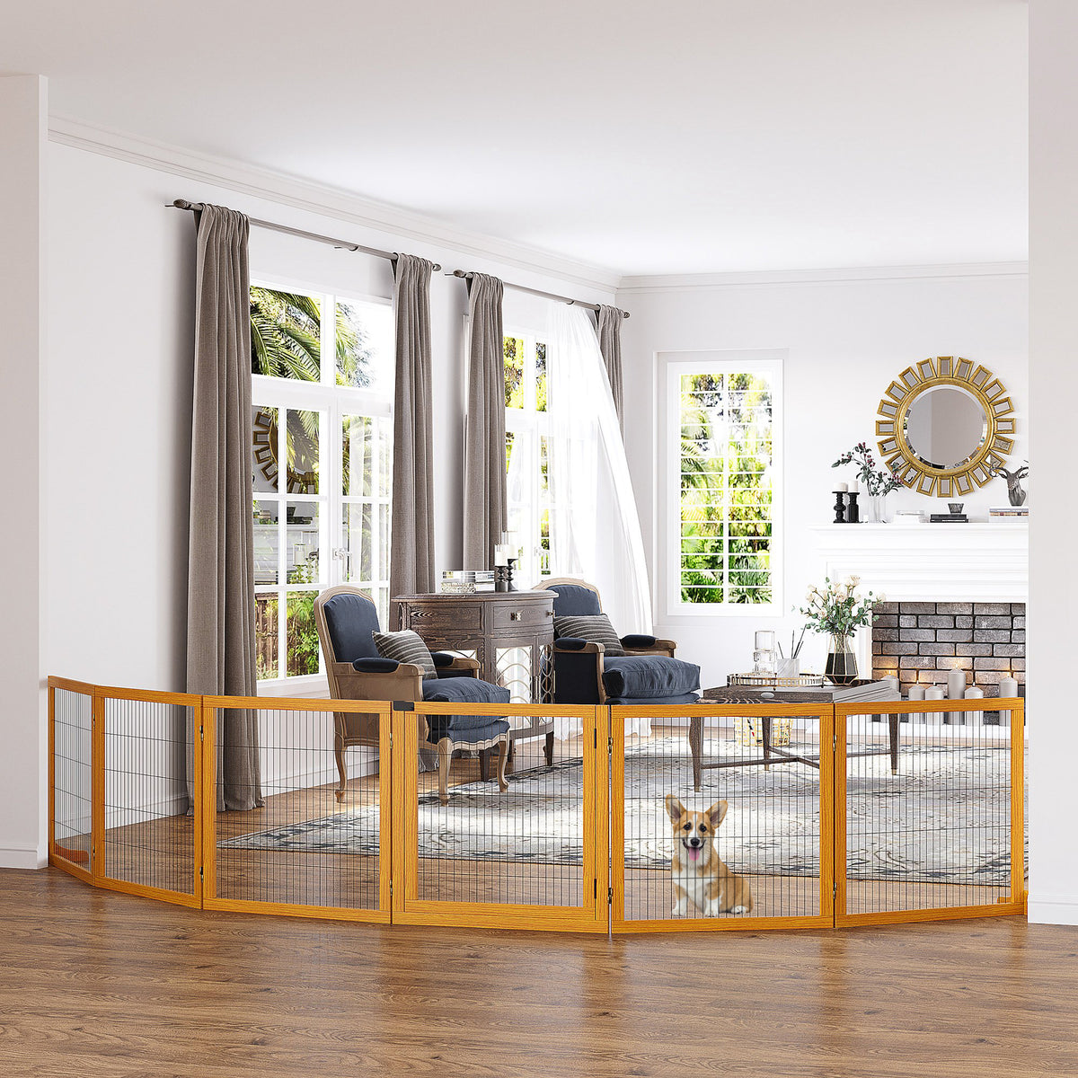 Lot de 2 barrières de sécurité chien barrière modulable pliable 6 panneaux 2 pieds support bois de pin jaune-1