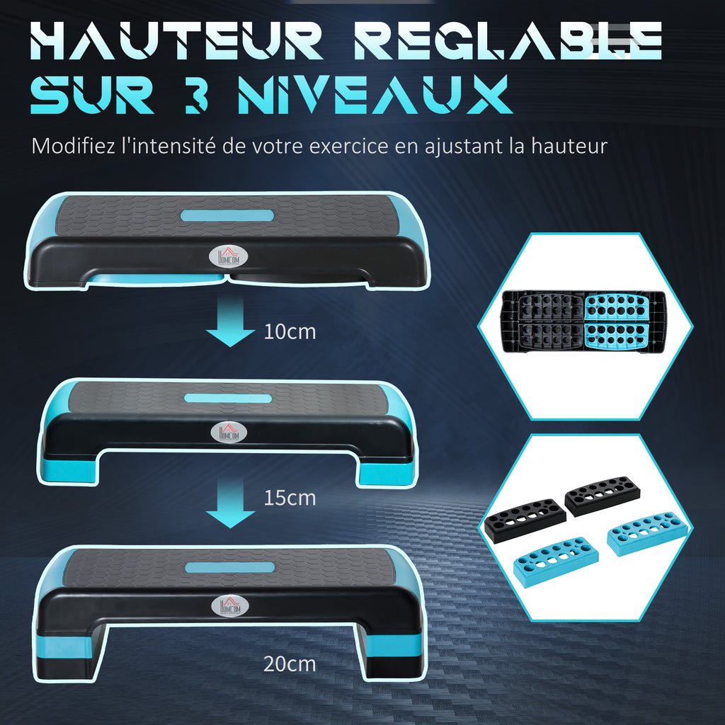 Stepper aérobic fitness hauteur réglable 3 niveaux surface antidérapante 78 x 28 x 20 cm noir et bleu-3