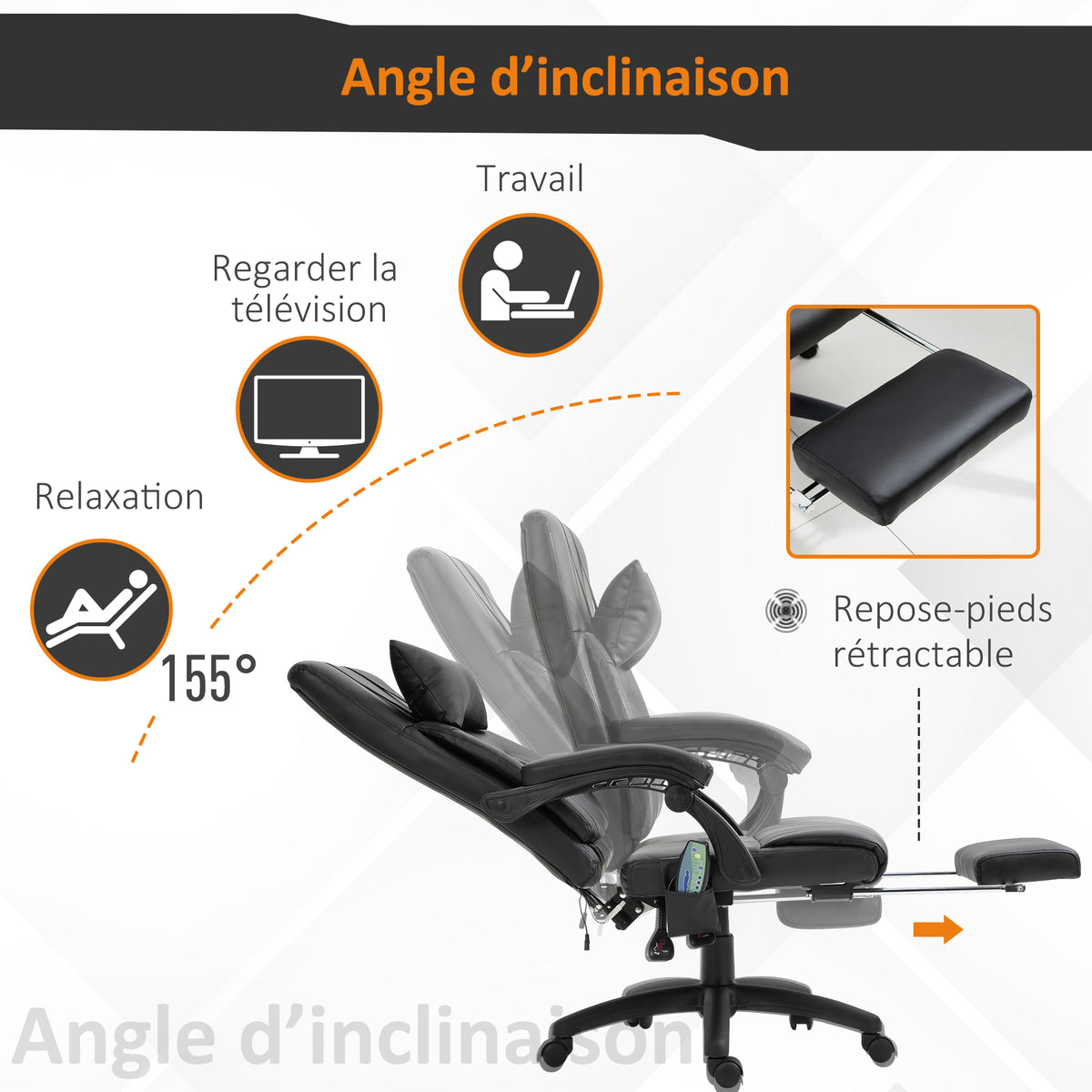 Fauteuil de bureau manager massant repose-pied + tétière intégrés dossier inclinable hauteur réglable 68 x 79 x 104-112 cm noir-4