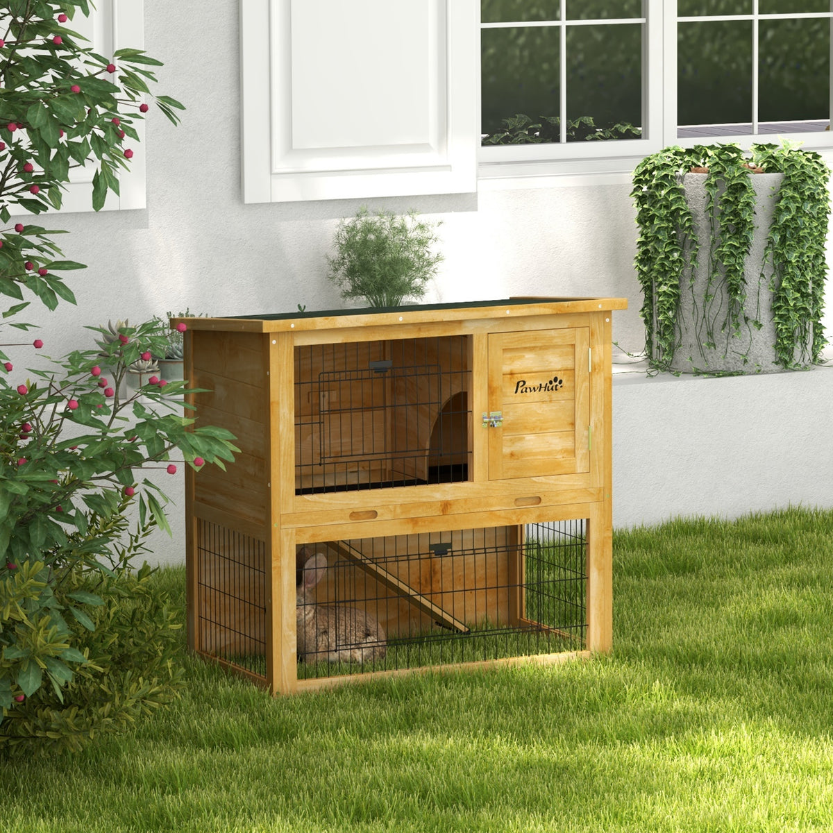 Clapier à lapin en bois 2 étages avec 3 portes plateau coulissant rampe toit bitumé 85 x 50 x 80 cm jaune-1