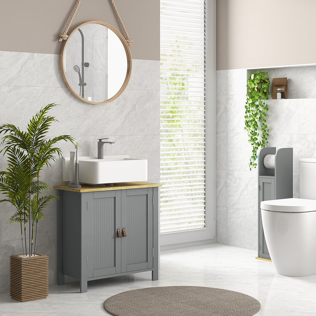 Meuble sous lavabo 2 portes étagère réglable 2 étages à l'intérieure poignées en PU 60 x 30 x 60 cm gris-5