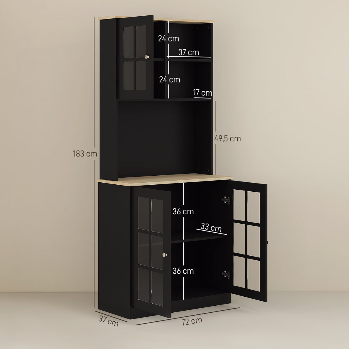 Buffet cuisine, meuble cuisine rangement haut, meuble de rangement avec plan de travail, 3 portes vitrées, 2-2