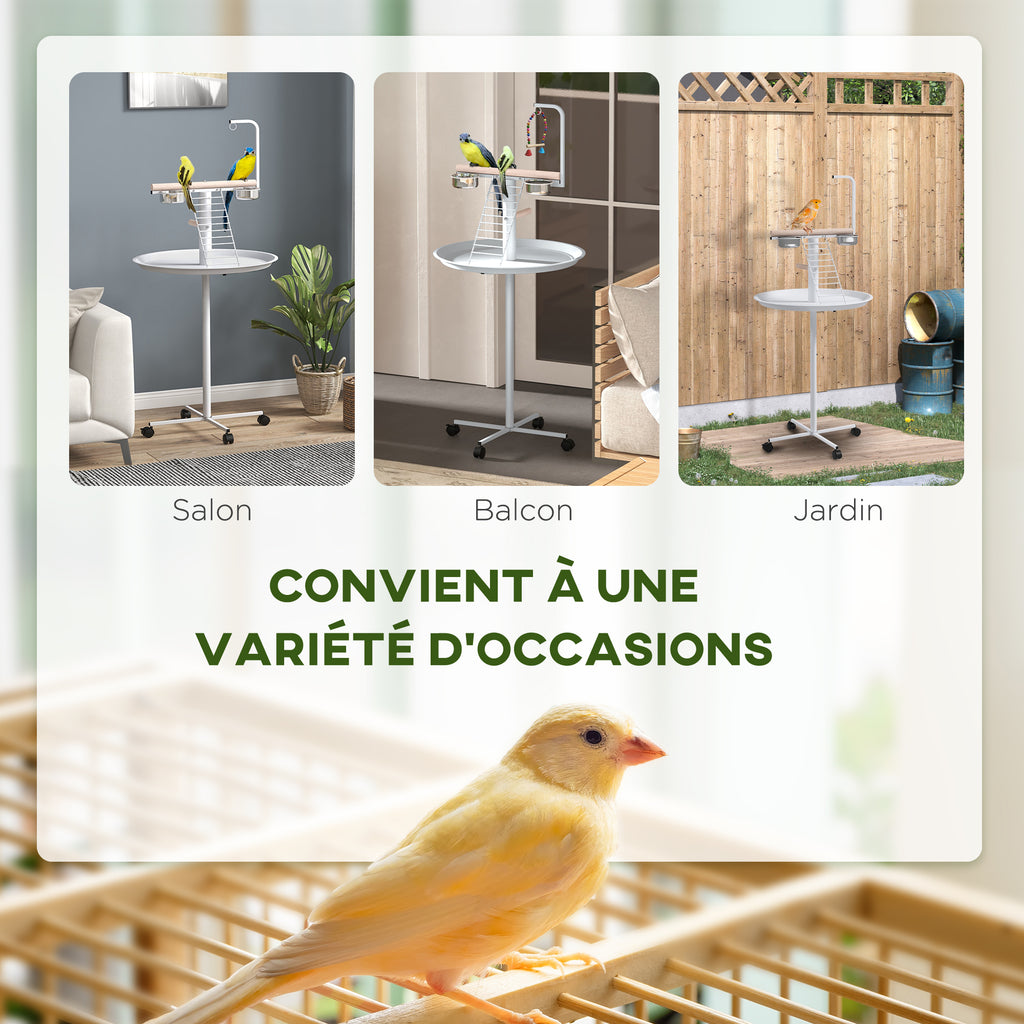 Mangeoire à oiseaux sur pied avec 4 roulettes perchoir 2 bols amovibles plateau rond acier inoxydable Ø 60 x 138H cm blanc-3