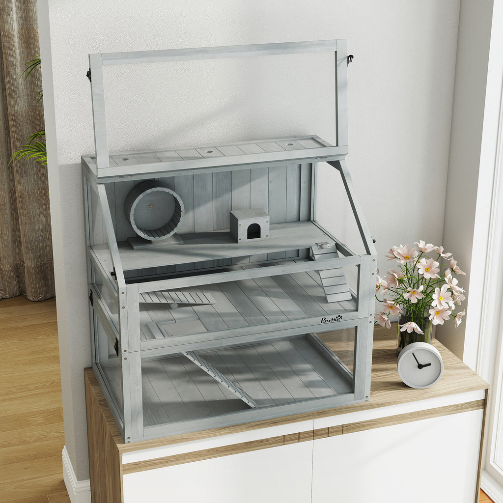 Cage Hamster Rongeur à 3 Niveaux, Base Amovible Profonde, Cabane, Balançoire, 80x50x76cm Gris Clair-8