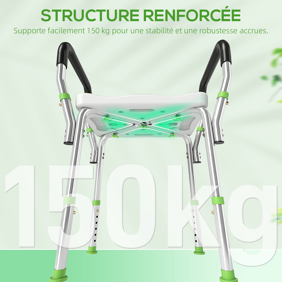 Tabouret de douche pour personnes âgées et handicapées avec accoudoirs, hauteur réglable, patins antidérapants, vert-8
