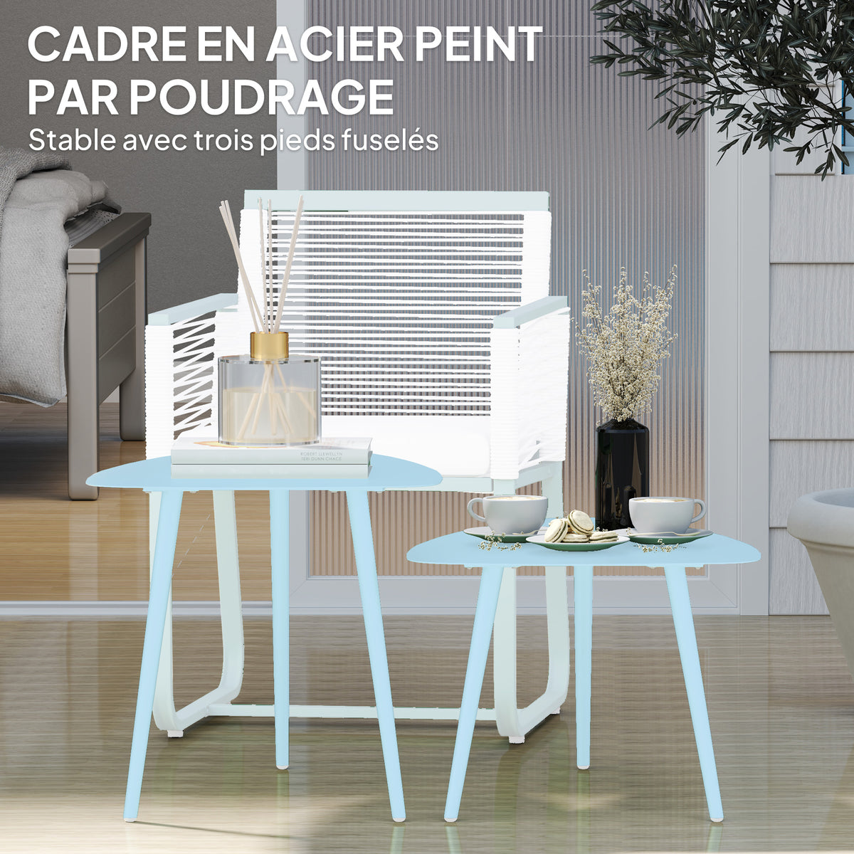 Lot de 2 tables basses de jardin, tables d'appoint gigognes triangulaires, cadre en acier patins ajustables bleu clair-4