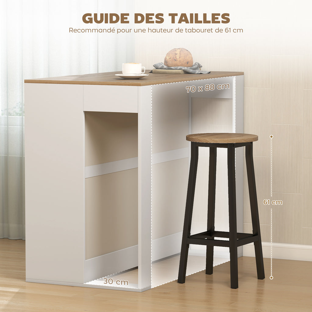 Table de bar, table haute cuisine à 3 niveaux 2 compartiments ouverts, plateau effet bois naturel 113 x 60 x 90 cm blanc-4
