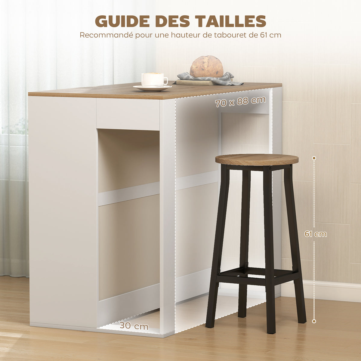 Table de bar, table haute cuisine à 3 niveaux 2 compartiments ouverts, plateau effet bois naturel 113 x 60 x 90 cm blanc-4