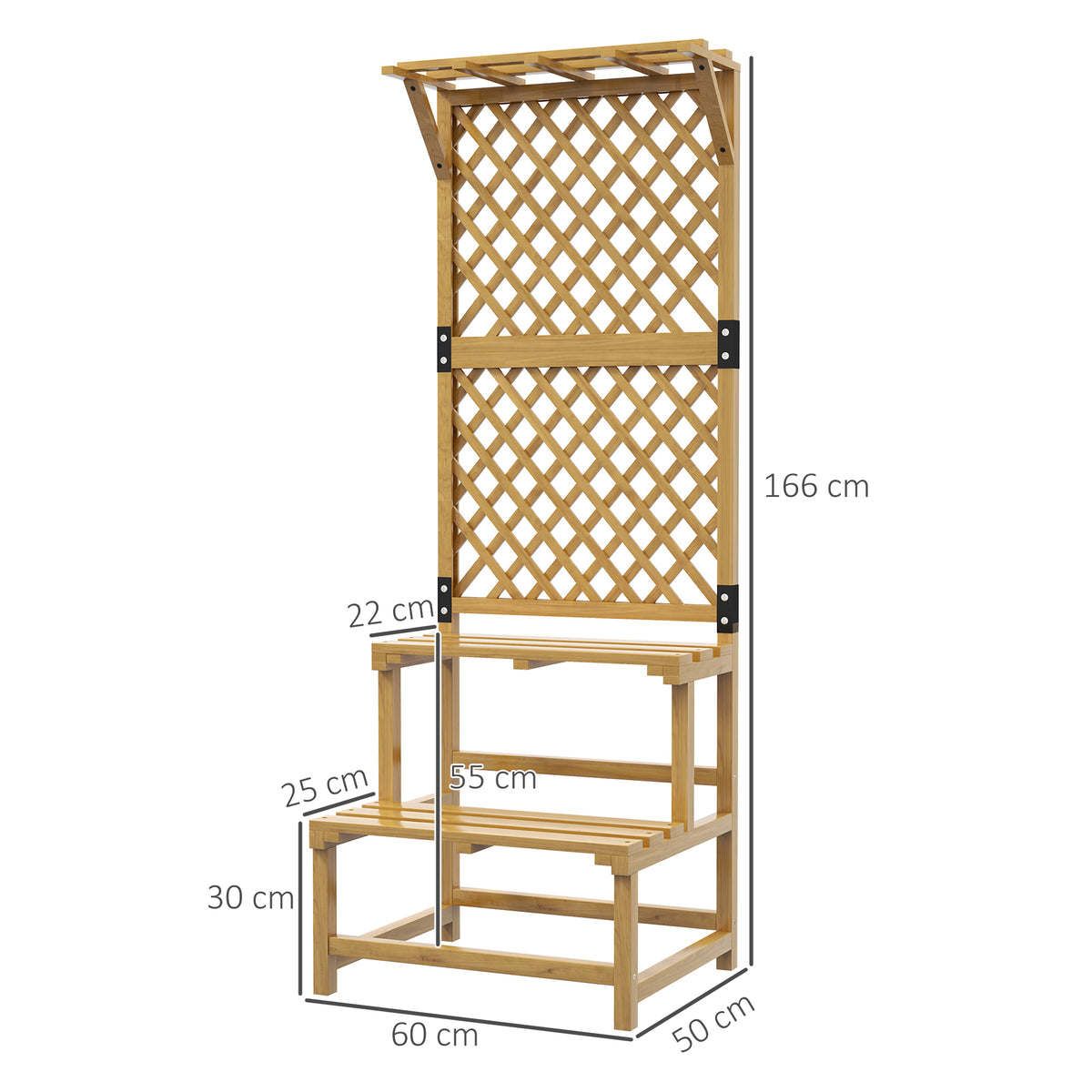 Support plantes intérieur porte plante intérieure à deux niveaux avec treillis 60 x 50 x 166 cm en bois massif jaune-2
