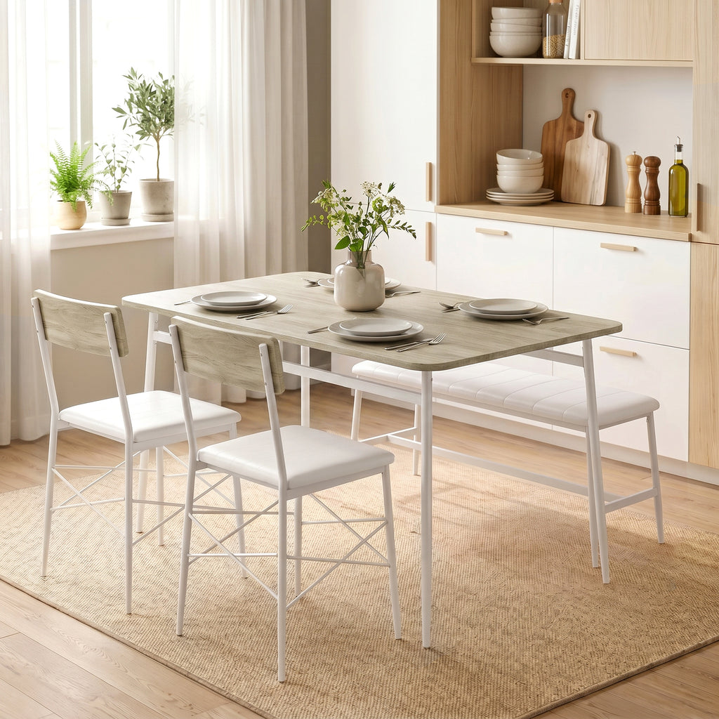 Ensemble Table Salle à Manger avec 2 Chaises et Banc, Assises Rembourrées, pour Salon, Petit Espace, Chêne et Blanc-8